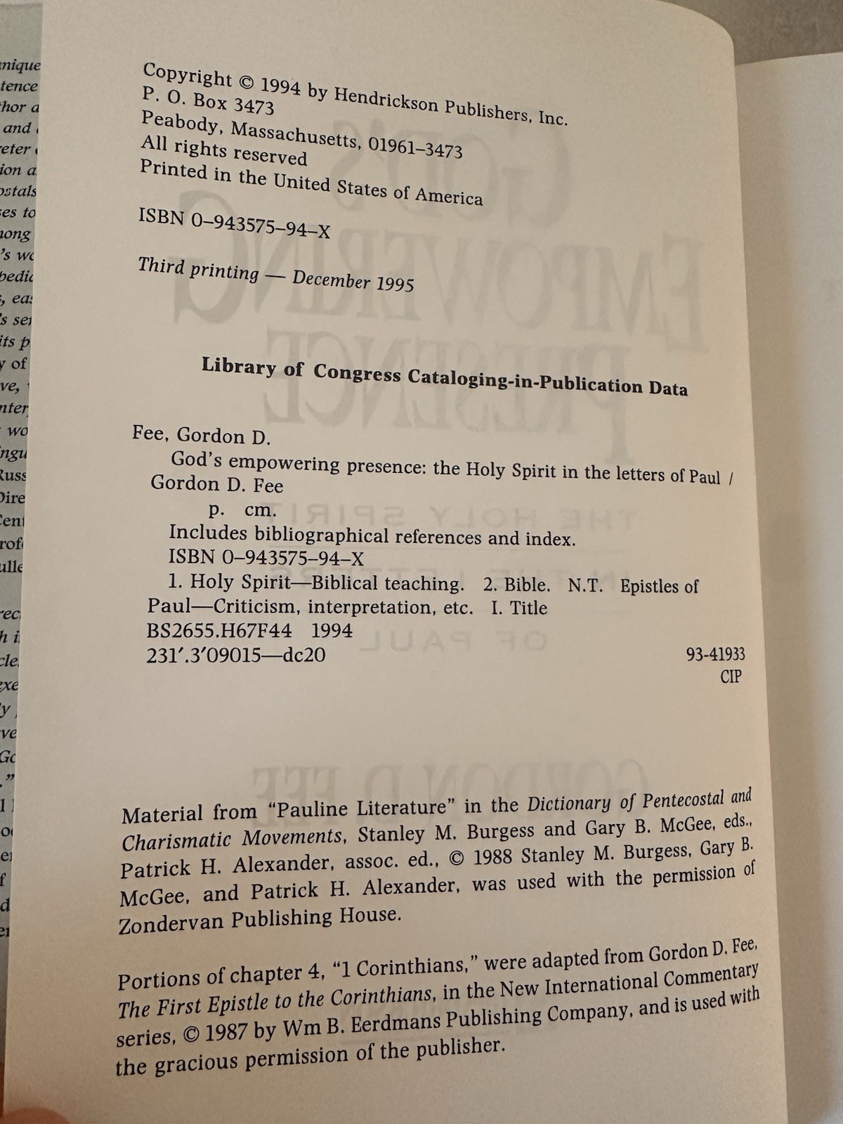 Gods Empowering Presence HCDJ Gordon D. Fee Second Printing 1994 Letters of Paul