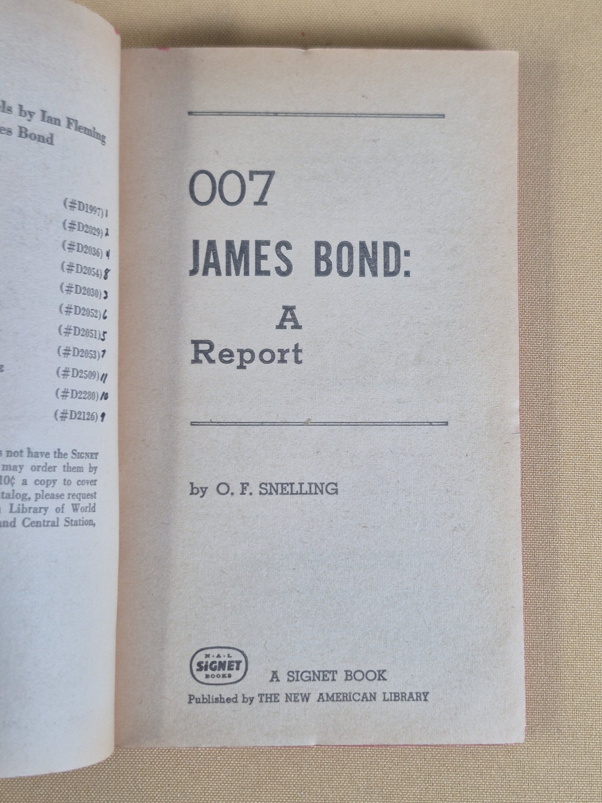 007 James Bond: A Report – O.F. Snelling – Signet 1965 Mass Market Paperback