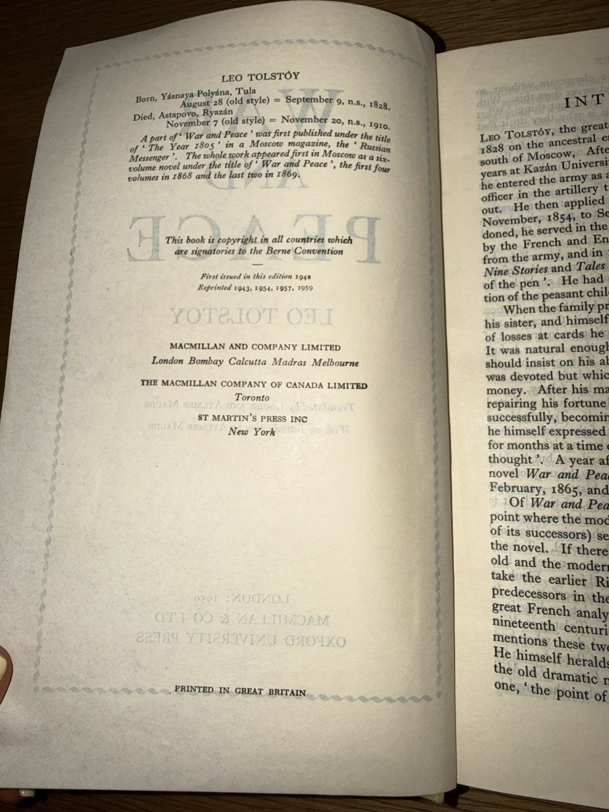 Leo Tolstoy “War and Peace” Oxford World’s Classics 1959 HC w/ Map