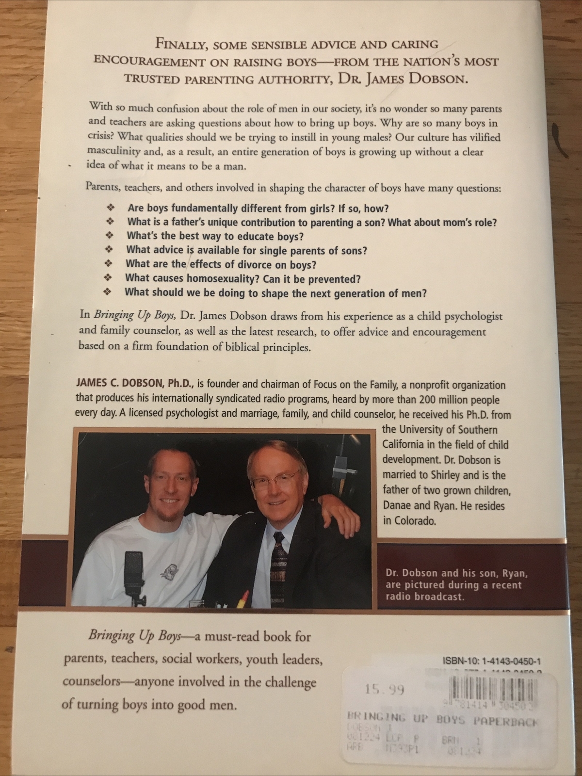 Bringing Up Boys Advice and Encouragement Dr James Dobson 269 Pages 2001