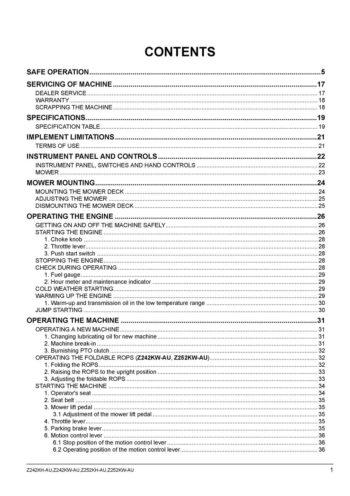 KUBOTA Z242KH-AU Z242KW-AU Z252KH-AU ZERO TURN MOWER OPERATORS MANUAL – FASTENED