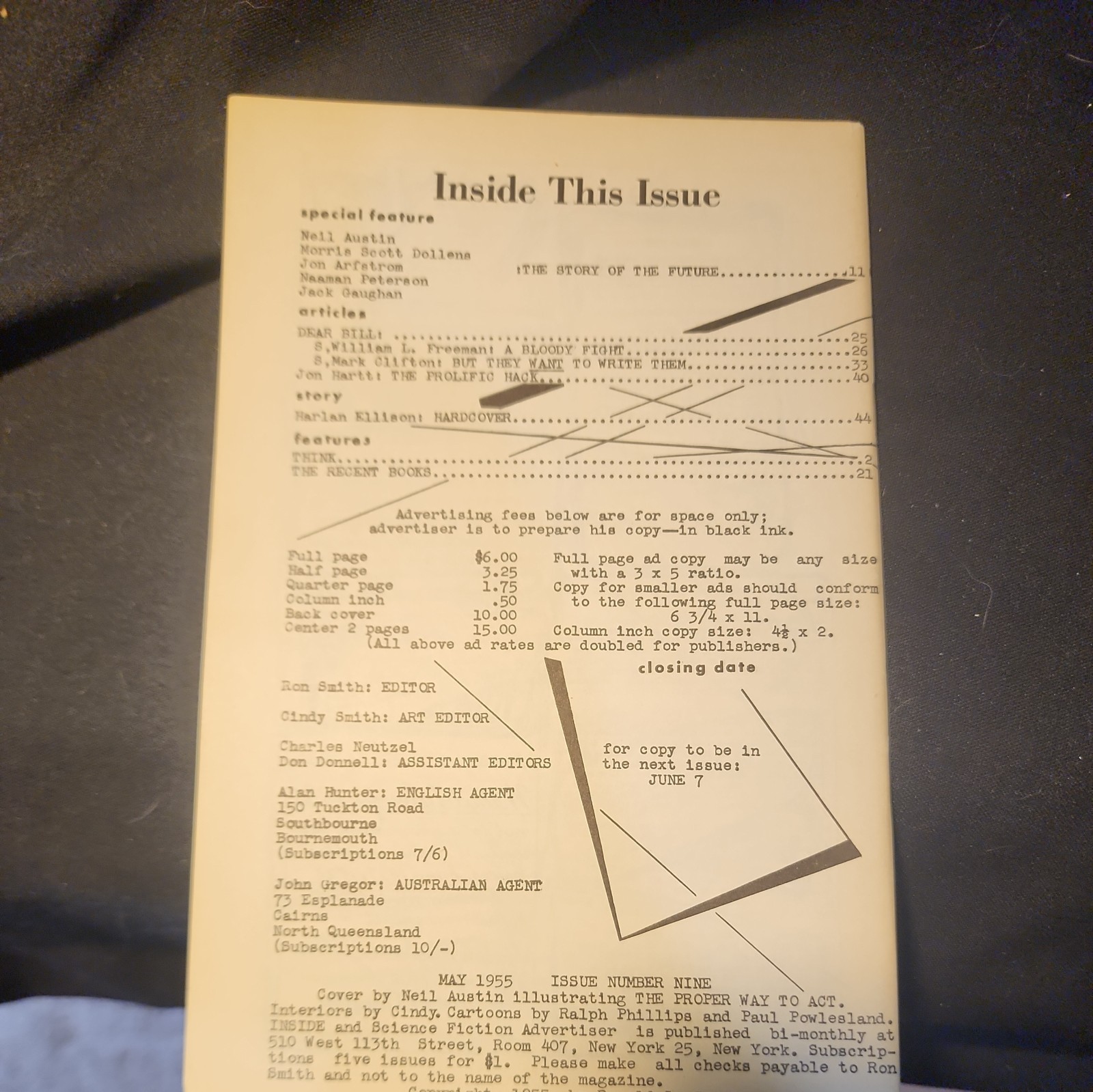 Inside and Science Fiction Advertiser #9 May 1955 „Hardcover“ story by Ellison