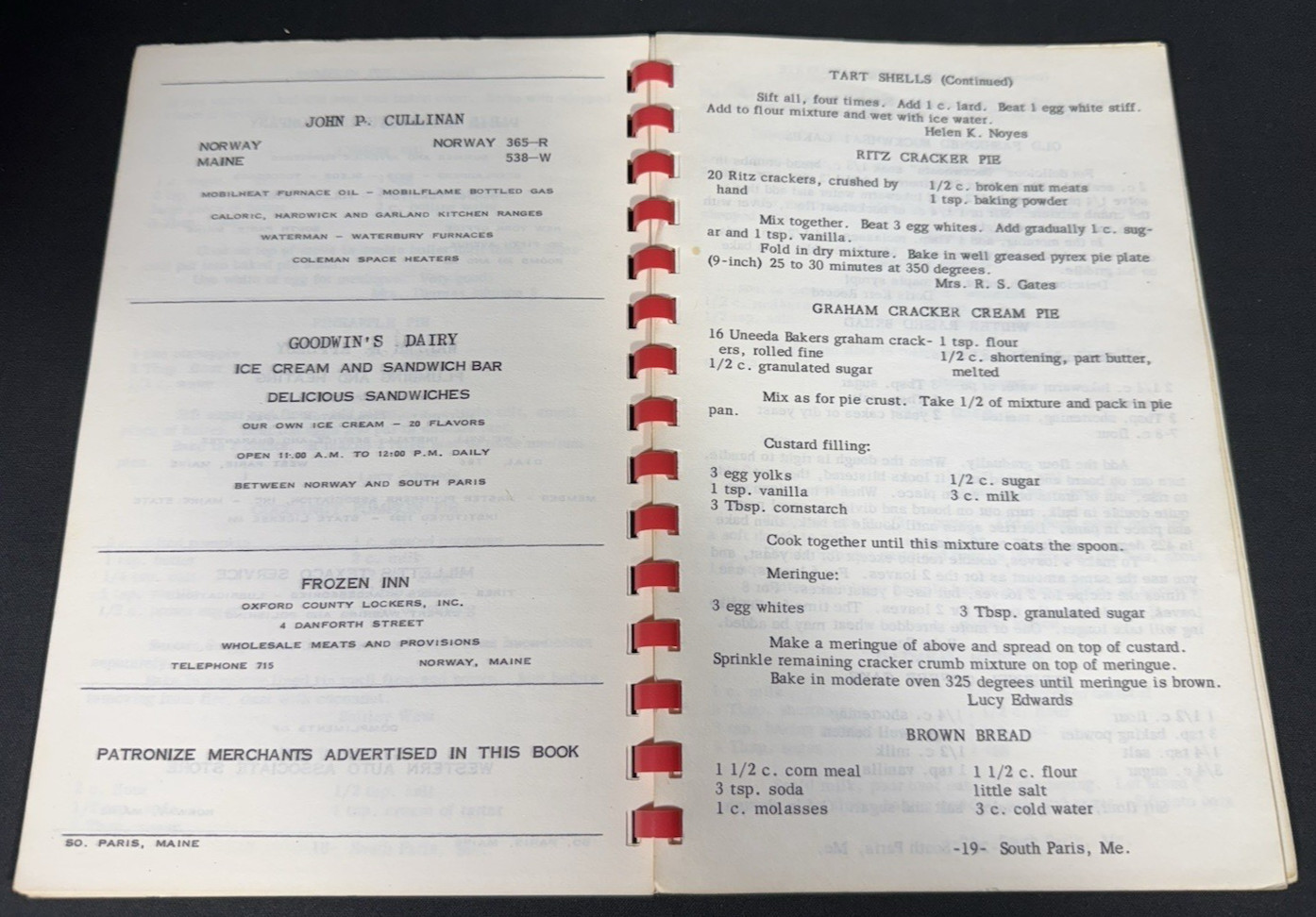 1953 Personal Recipes WSCS Methodist Church South Paris Maine Spiral Bound