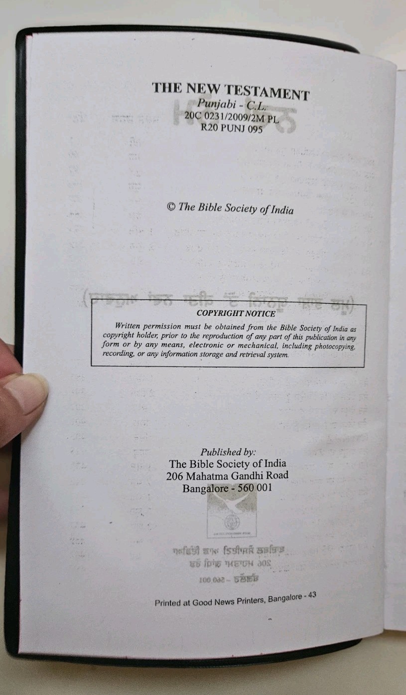 Punjabi New Testament Bible Vinyl Cover Bible Society Of India *NEW* 2009
