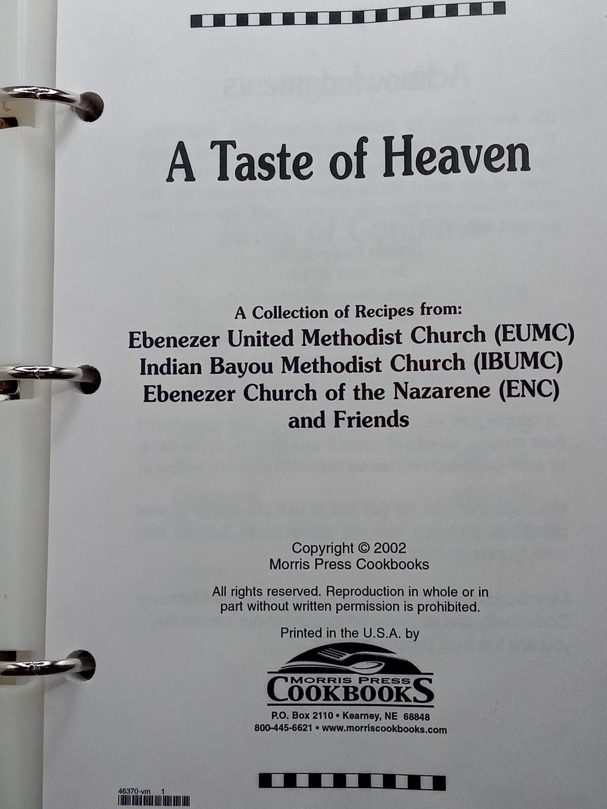 A TASTE OF HEAVEN COOKBOOK EBENEZER COMMUNITY COOKBOOK PUBLISHED 2002 177 PAGES