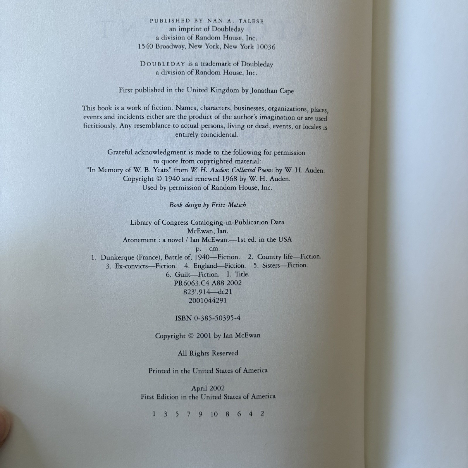 Atonement Ian McEwan 1st US Edition/1st Printing Hardcover HC DJ 2002 GOOD