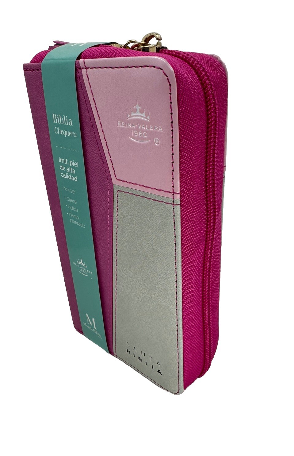 Biblia Chequera Letra 8.5 puntos RV1960 imit piel rosa fucsia gris claro con …