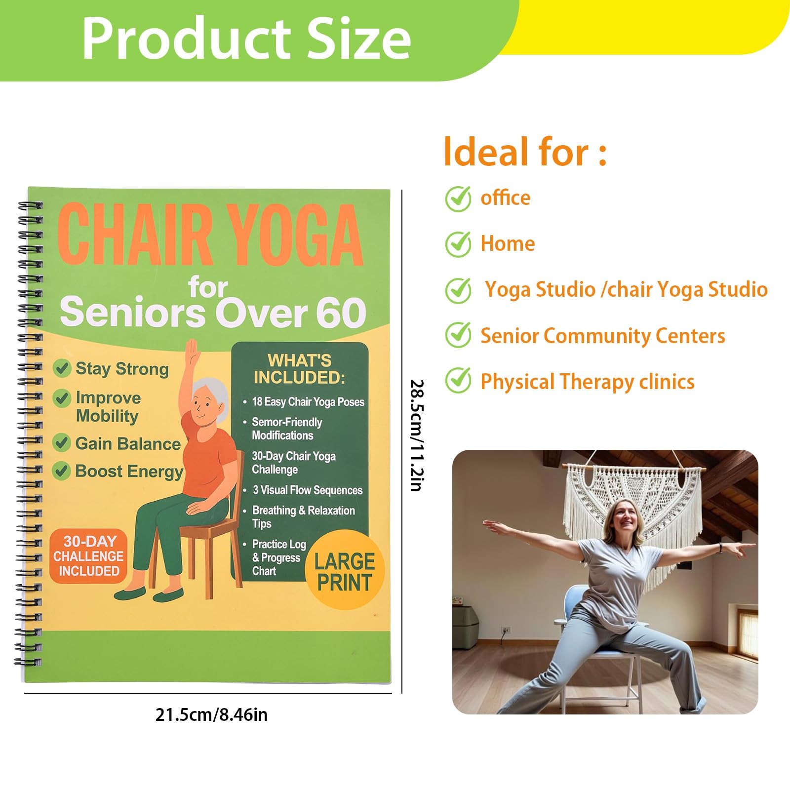 Chair Yoga for Seniors Over 60 Book & Chart, Gentle Seated Chair Yoga Guide, …