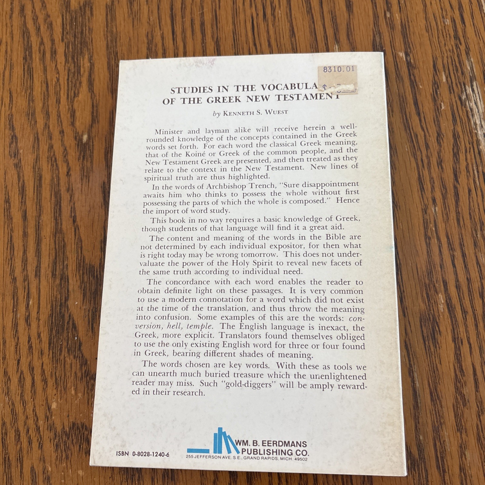 Studies In The Vocabulary Of The Greek New Testament By Kenneth S. Wuest PB