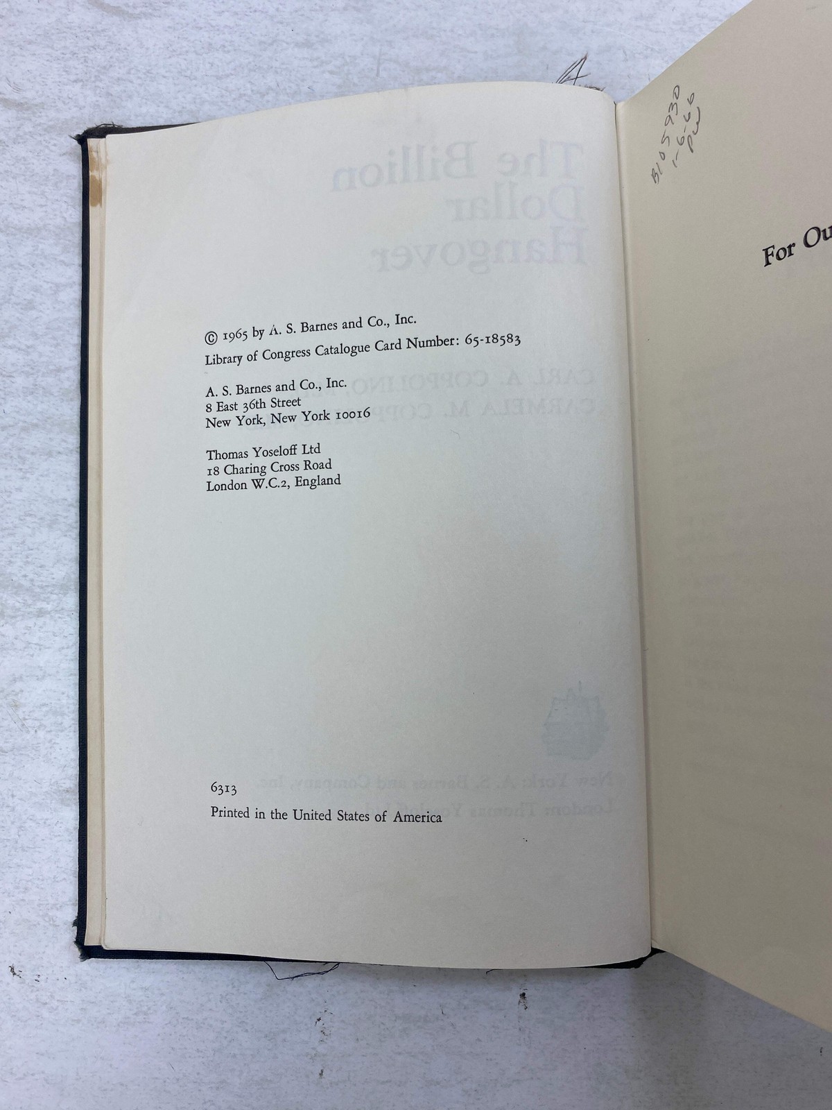 The Billion Dollar Hangover by Coppolino/Coppolino Ex-library 1965 HC