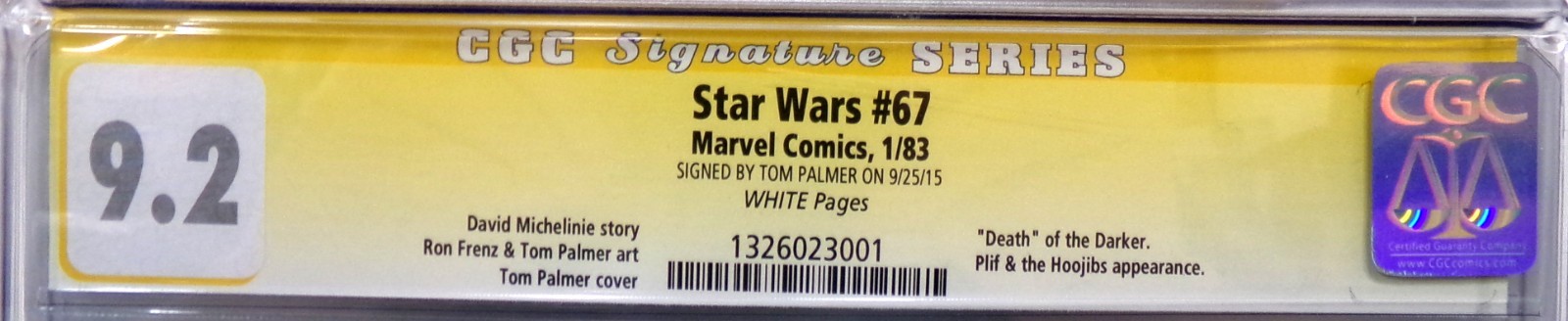 Marvel Comics 1983 Star Wars #67 White Pages Signed By Tom Palmer CGC 9.2 Book