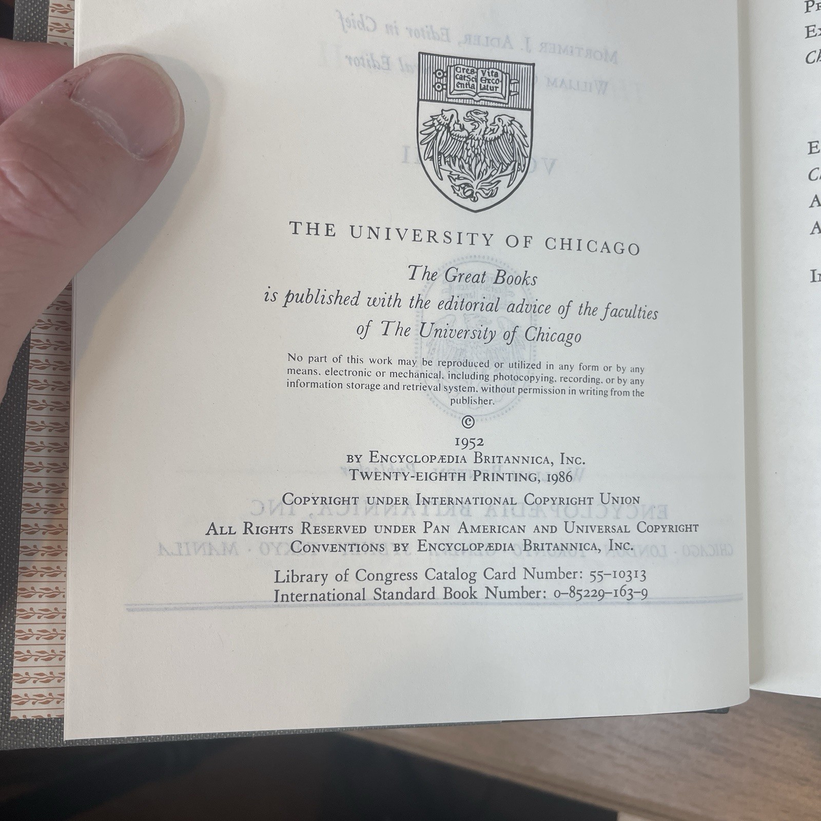 GREAT BOOKS OF THE WESTERN WORLD Britannica-1952, 1986 Printing. Vols- YOU PICK