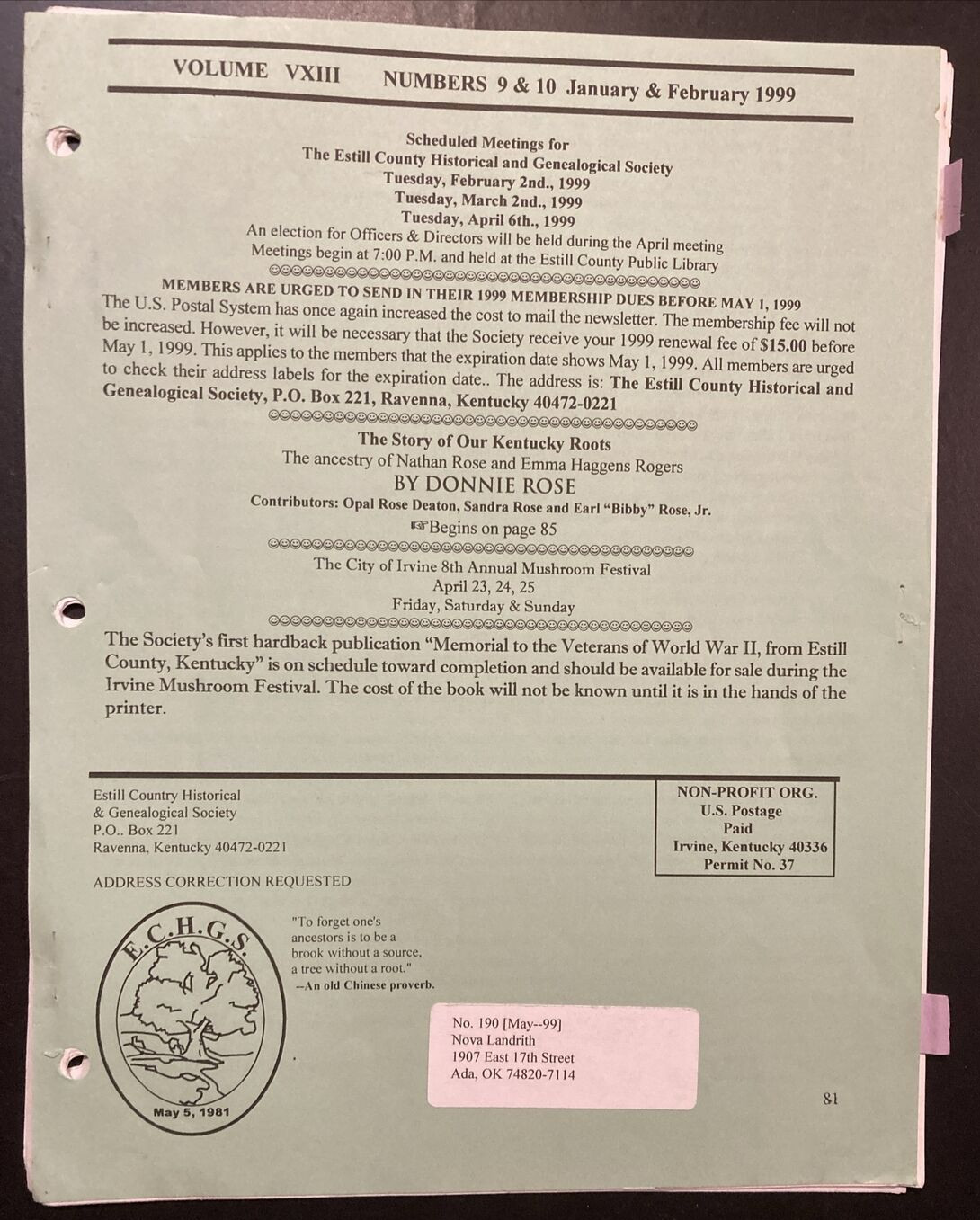 Estill County Kentucky Genealogical Society 1999 Newsletter 6 Issues ECHGS