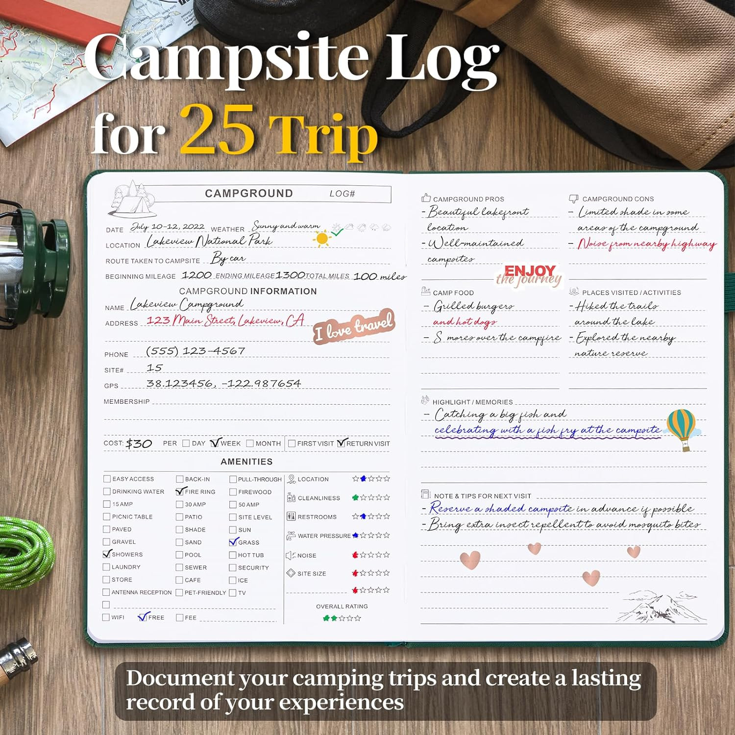 Camping Journal and RV Travel Log Book, A5 Adventure Journal for 25 Camping, Hik