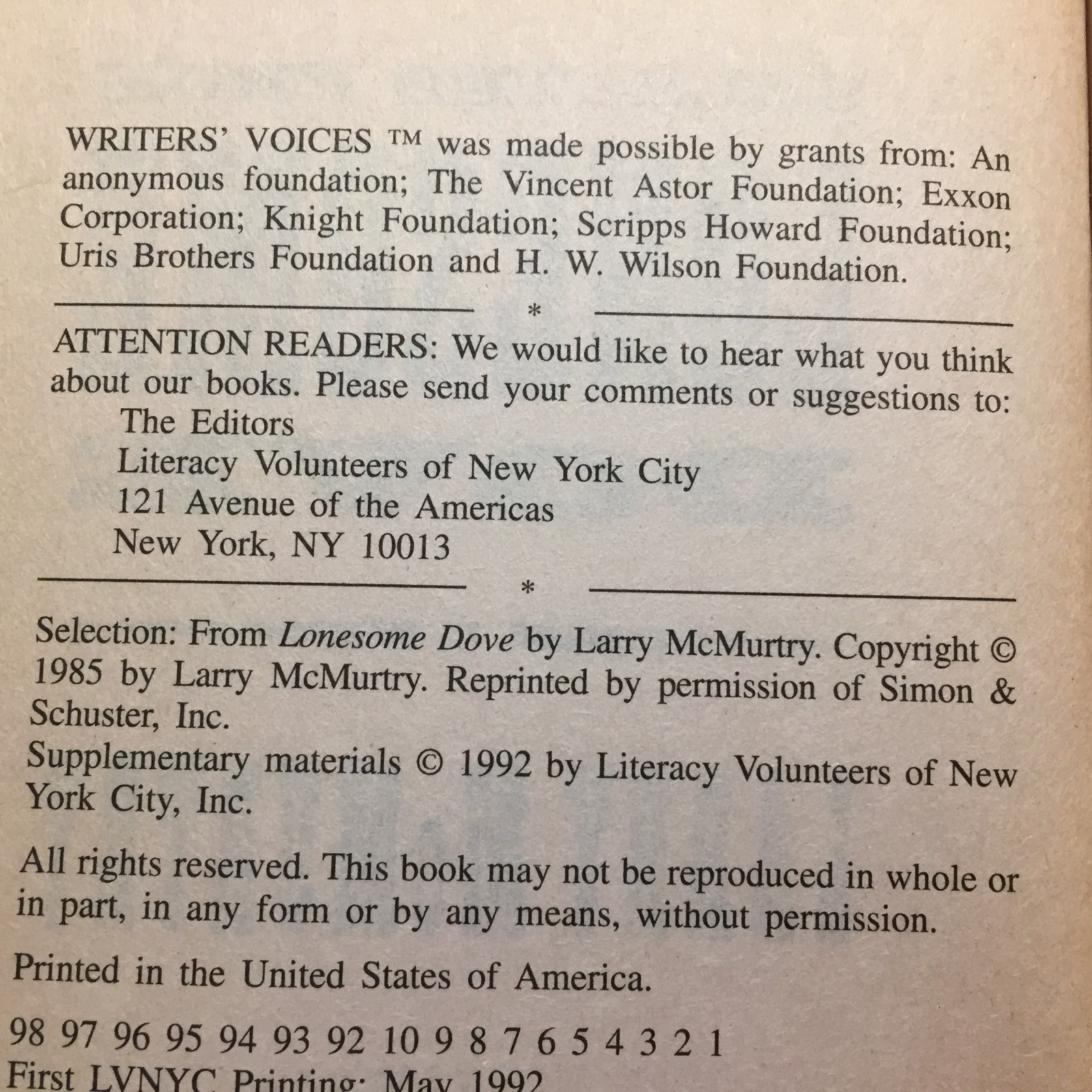 Selected From Lonesome Dove Larry McMurtry 1992 Literacy Volunteers Of New York