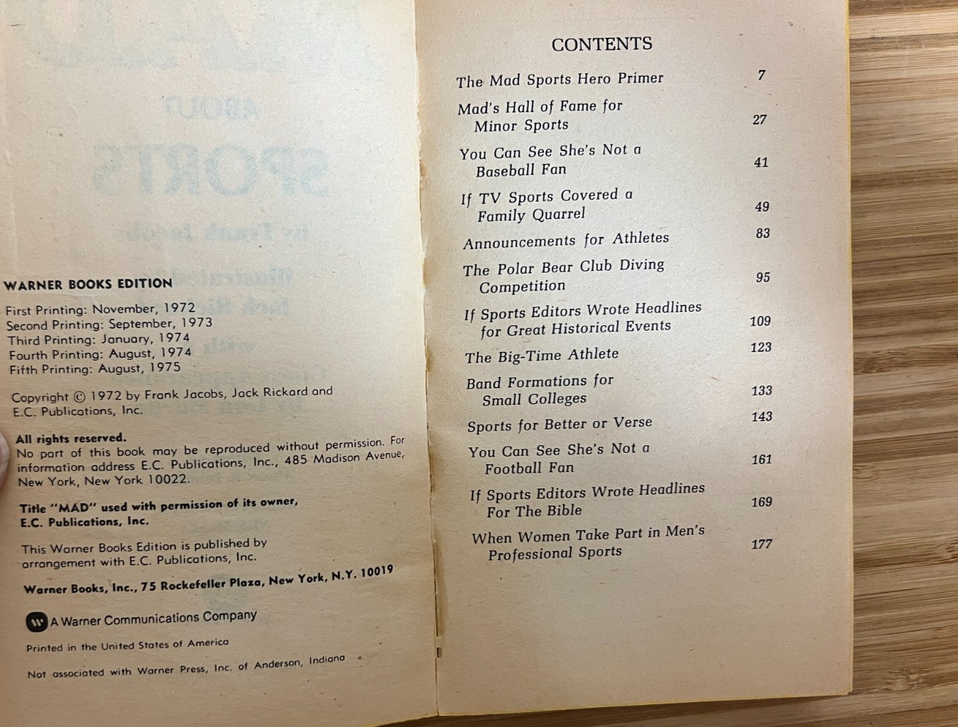 MAD ABOUT SPORTS ’75 Warner & Sports Mania by Tony Tallarico w/Joe Kiernan ’74