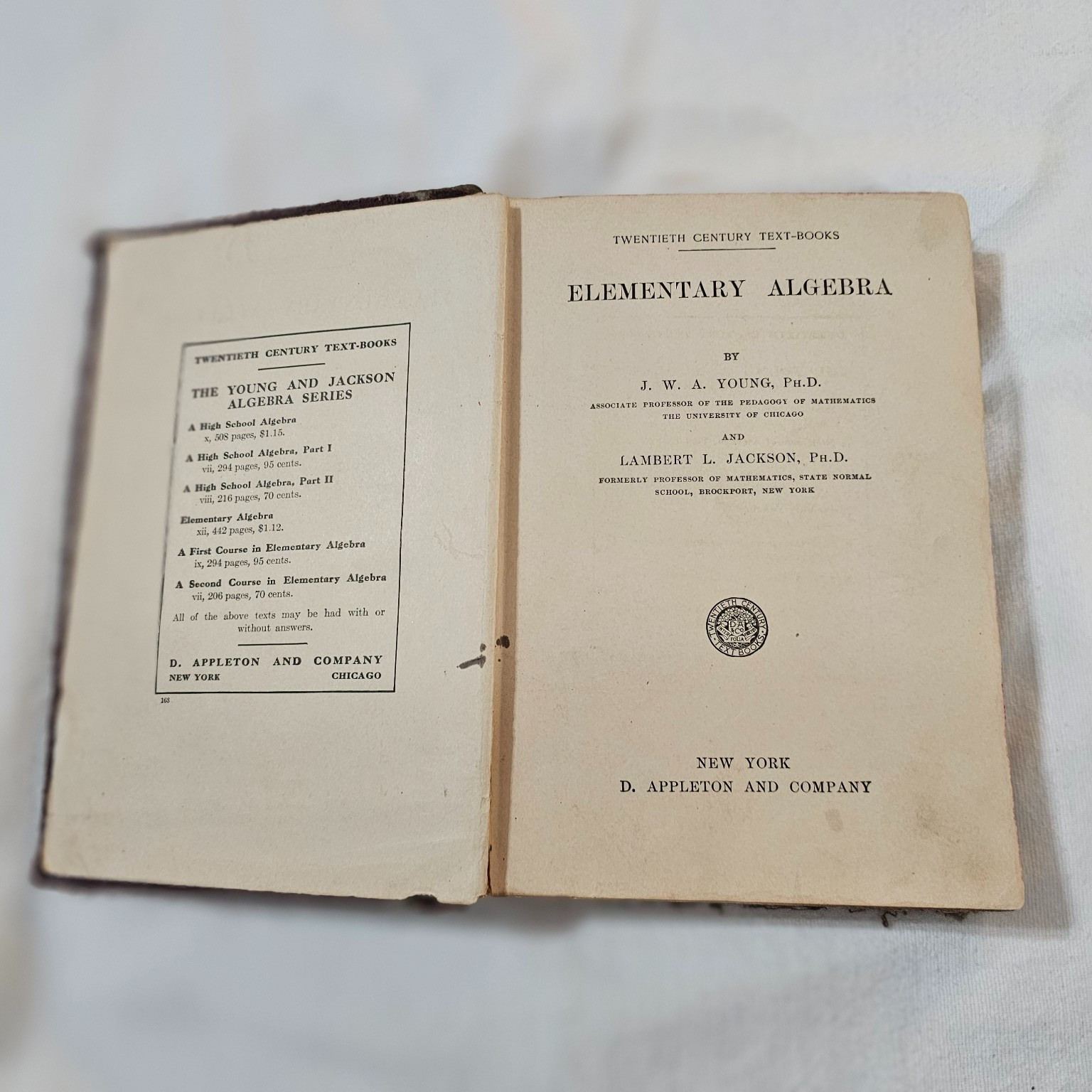 1908 Elementary Algebra Textbook Young & Jackson D. Appleton Antique Math