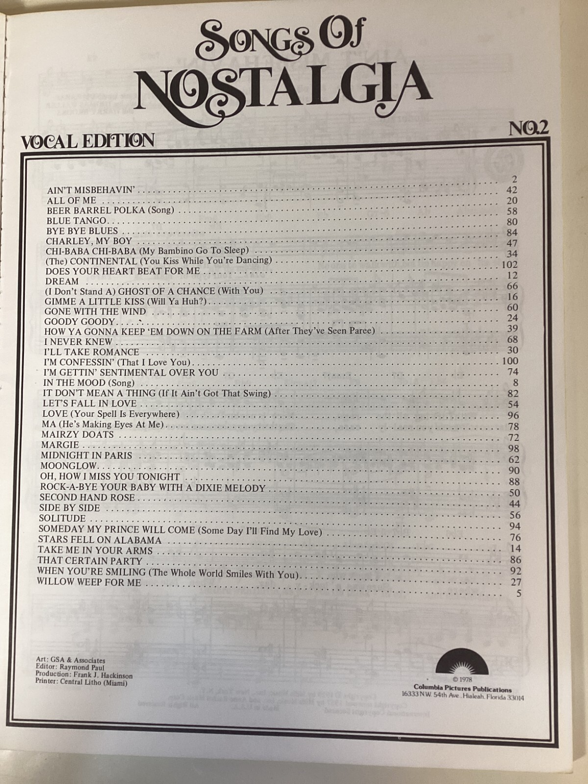 Songs Of Nostalgia Vocal Edition No 2 – Songbook 1978 – Sheet Music – 104 Pages