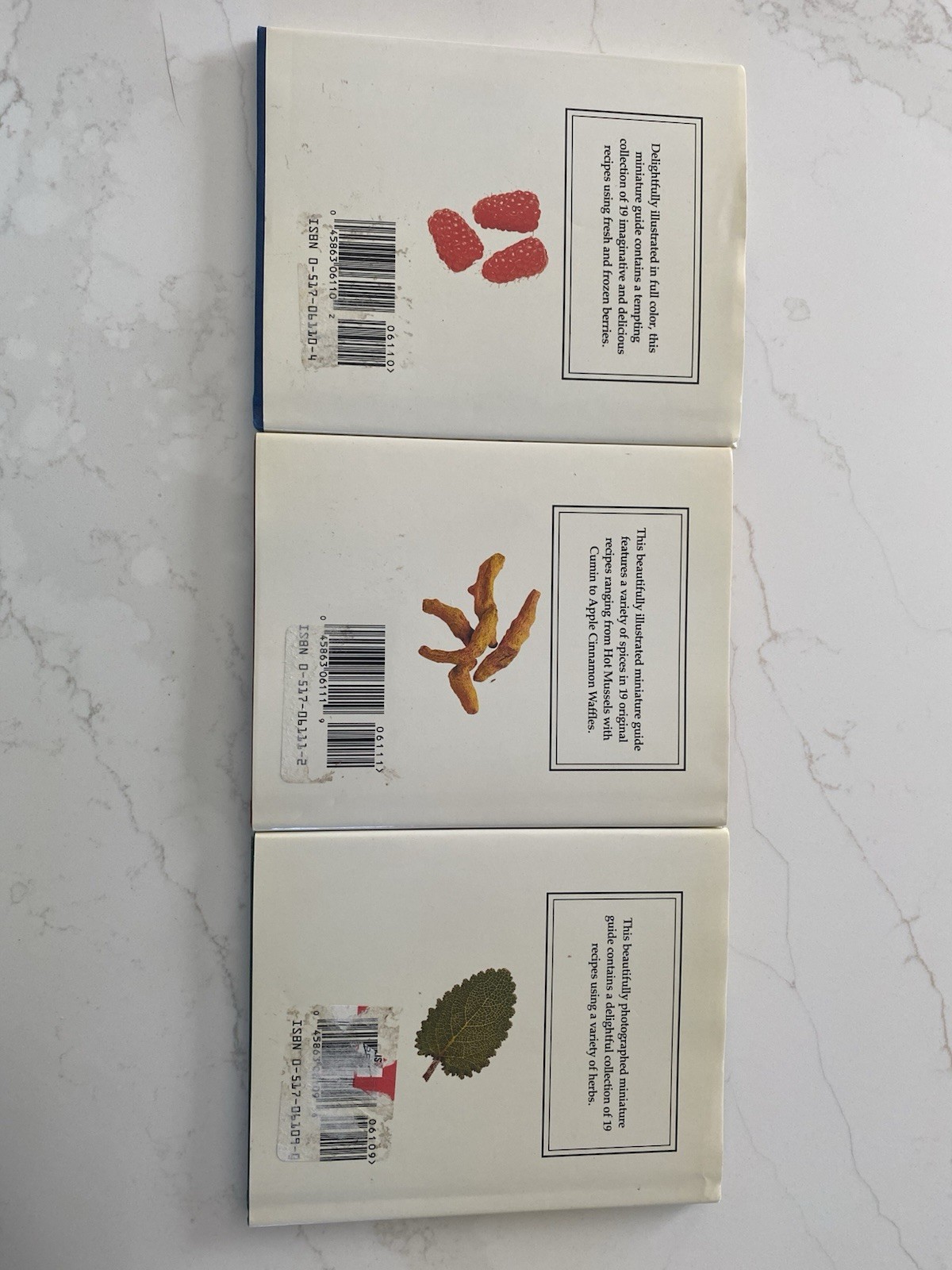 3 Mini books detailed botanical illustrations. titles Berries, Spices, & Herbs.