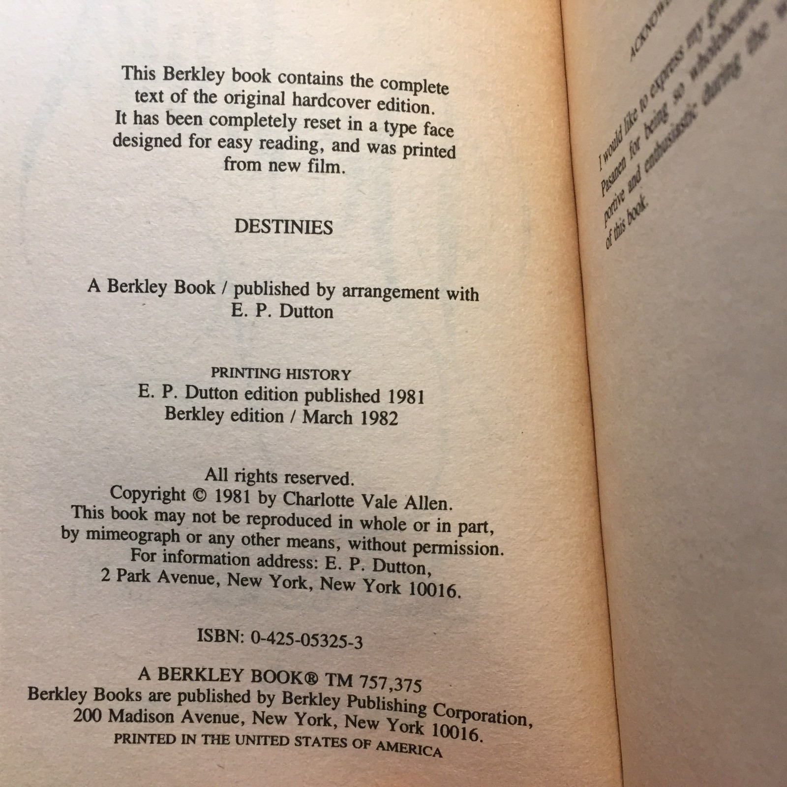 Destinies Charlotte Vale Allen 1982 Berkley Books Showbusiness Romance Book