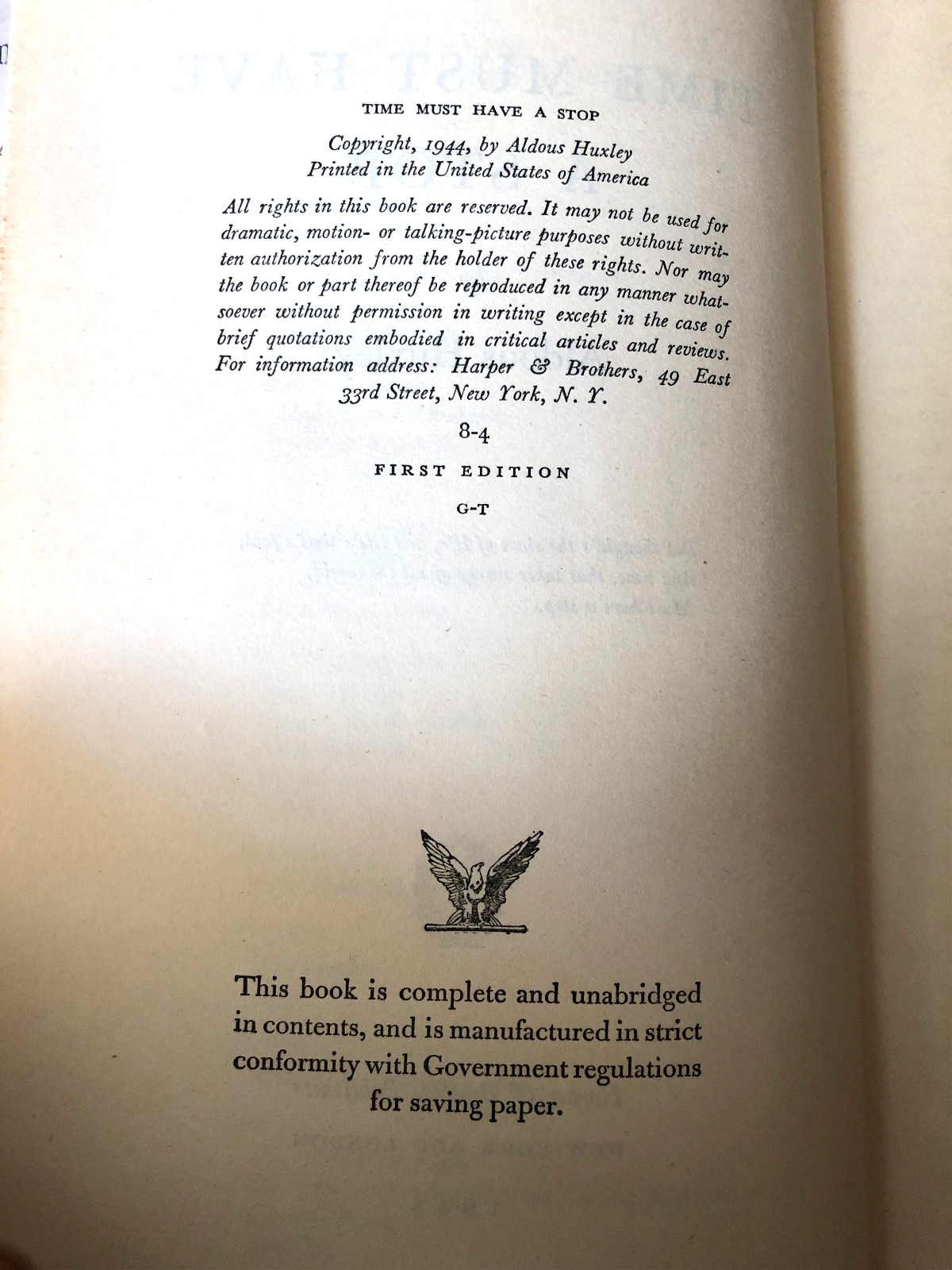 Time Must Have a Stop, Aldous Huxley, 1944 Harper and Brothers hardcover