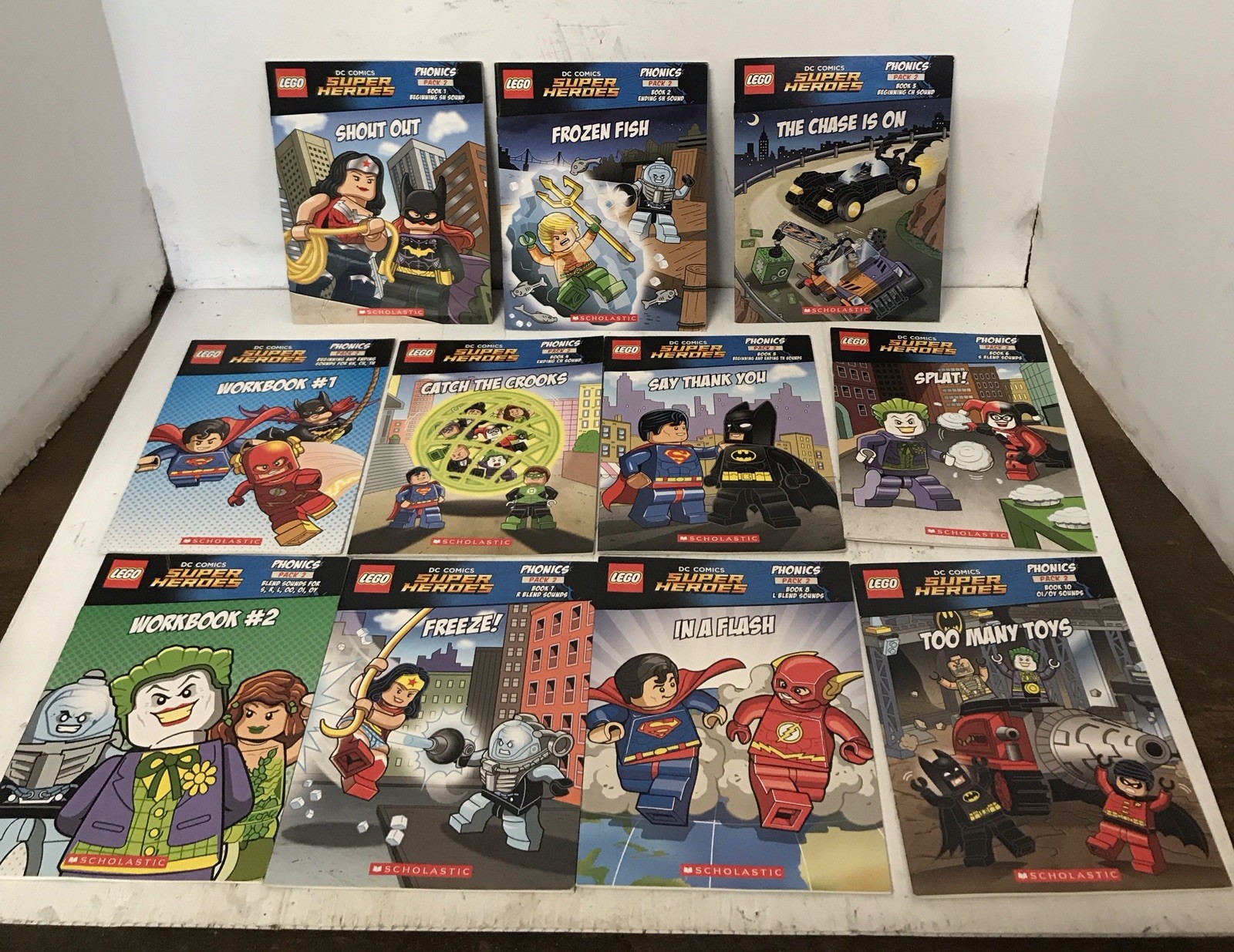 Lot Of 11 Scholastic Lego DC Phonics Pack 2 #1,2,3,4,5,6,7,8,10, WORKBOOK 1&2