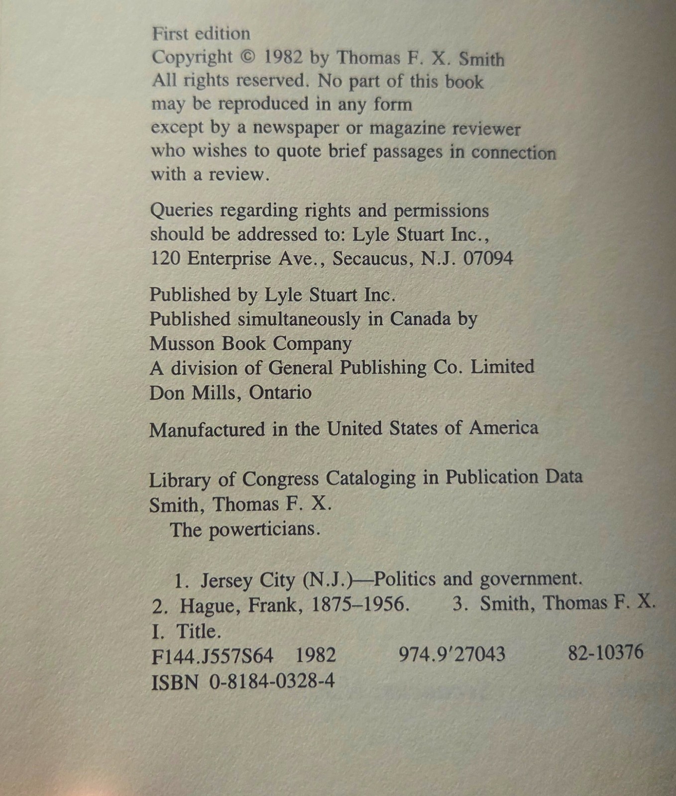 ​The Powerticians Thomas F.X. Smith 1st Edition 1982 HC DJ Jersey City Mayor