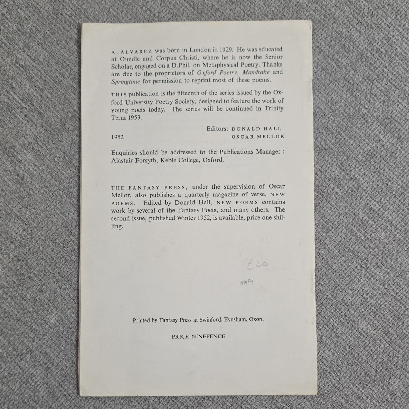 A. Alvarez The Fantasy Poets No. 15 Paperback 1952 Fantasy Press Staple Bound