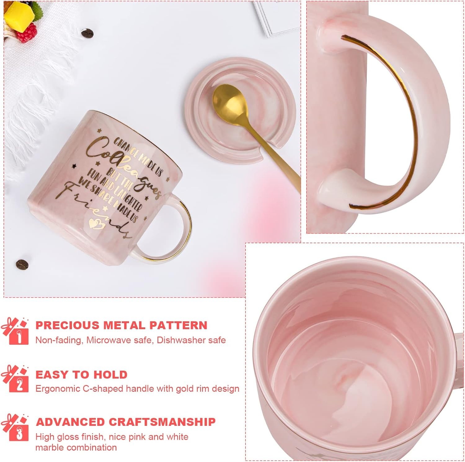 Charming 14oz Marble Mug with Gold Spoon – Ideal Farewell Gift for Friends