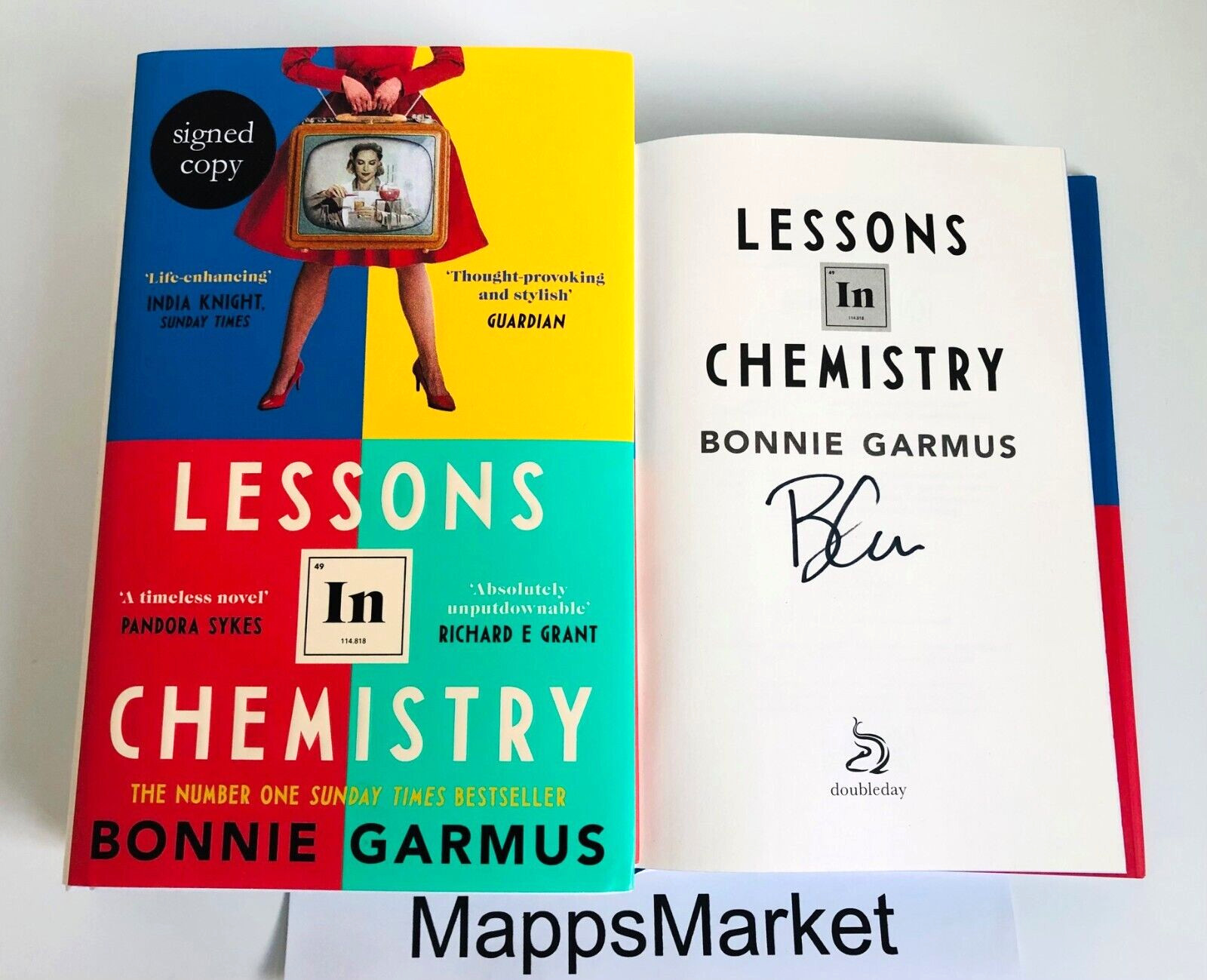 SIGNED Lessons in Chemistry by Bonnie Garmus WATERSTONES HC 1/2 ~STENCILED EDGE