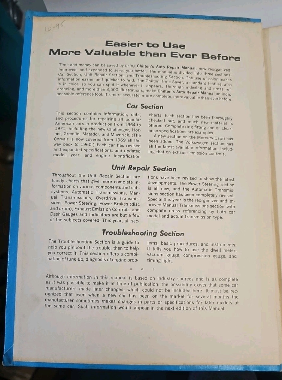 Chilton’s Auto Repair Manual 1971 American Cars 1964 to 1971 Hardcover Edition