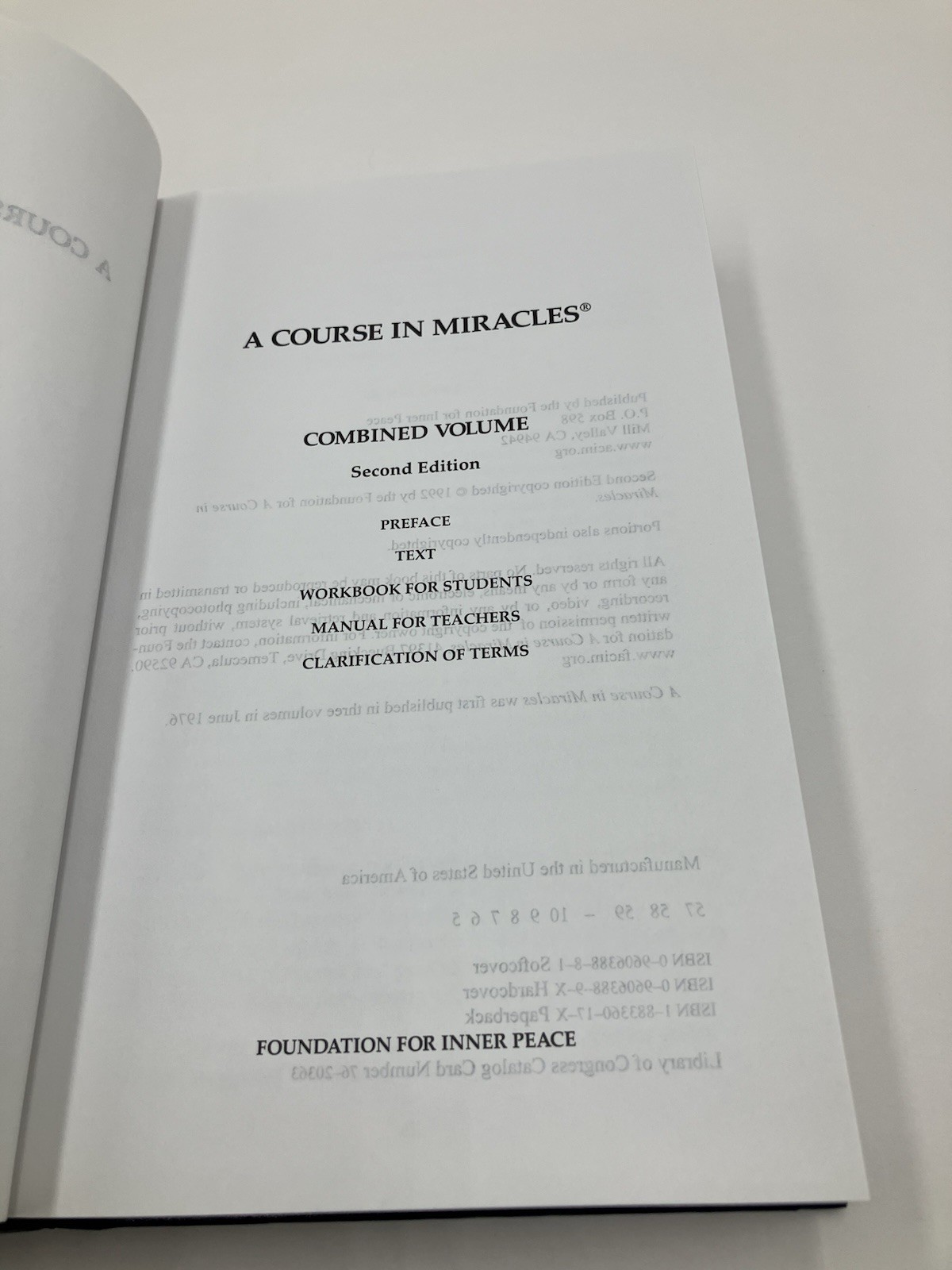 A Course in Miracles Workbook Manual Foundation for Inner Peace HC Theology