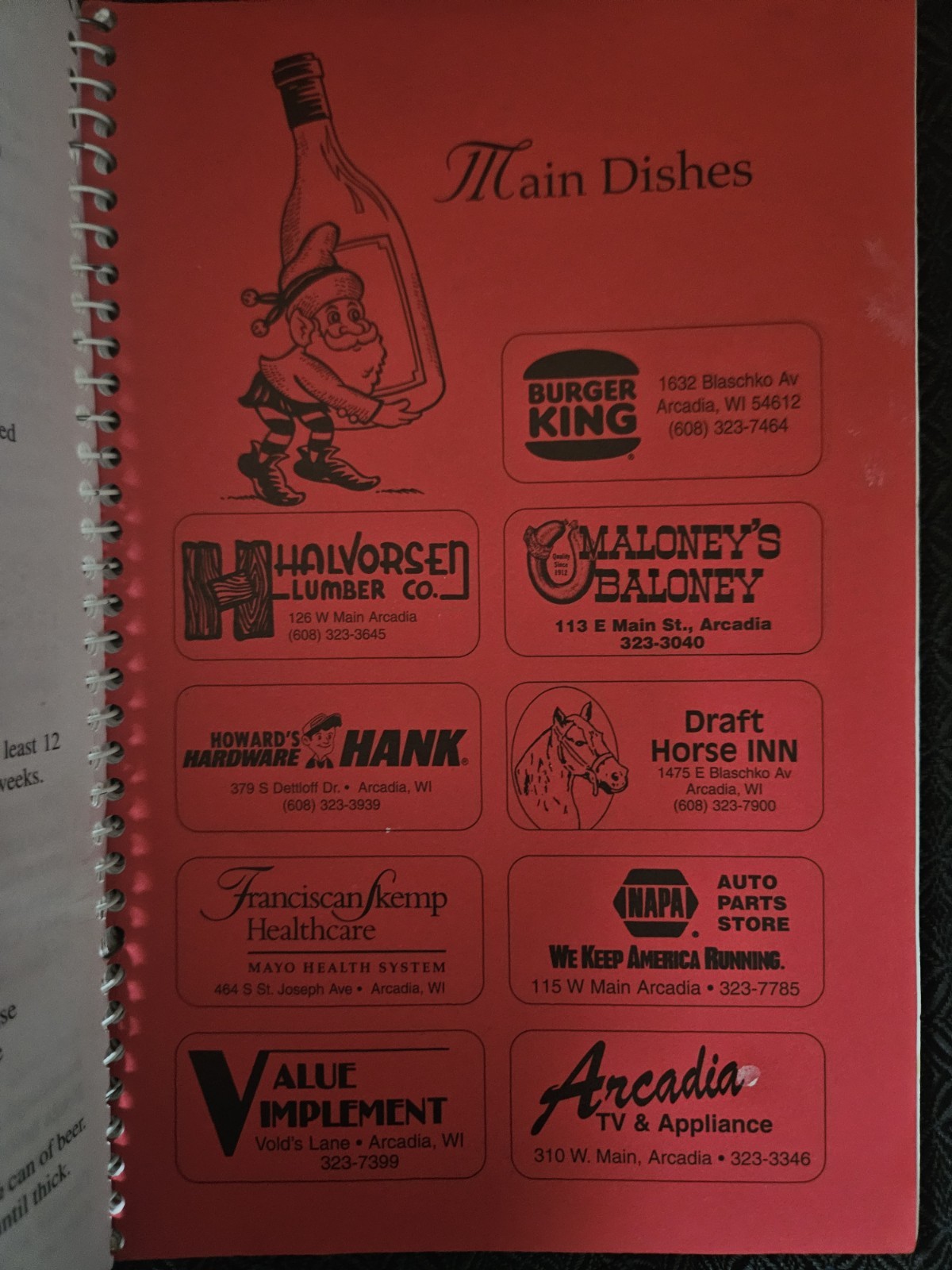 1998 Arcadia Holiday Cookbook Wisconsin 88 Pages Spiral Community Recipes