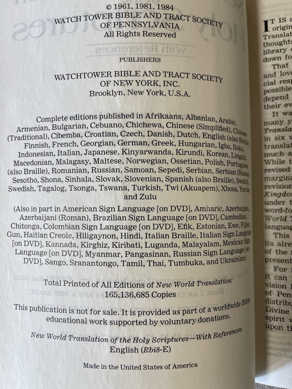 1984 HB New World Translation of the Holy Scriptures, Watchtower Edition Revised