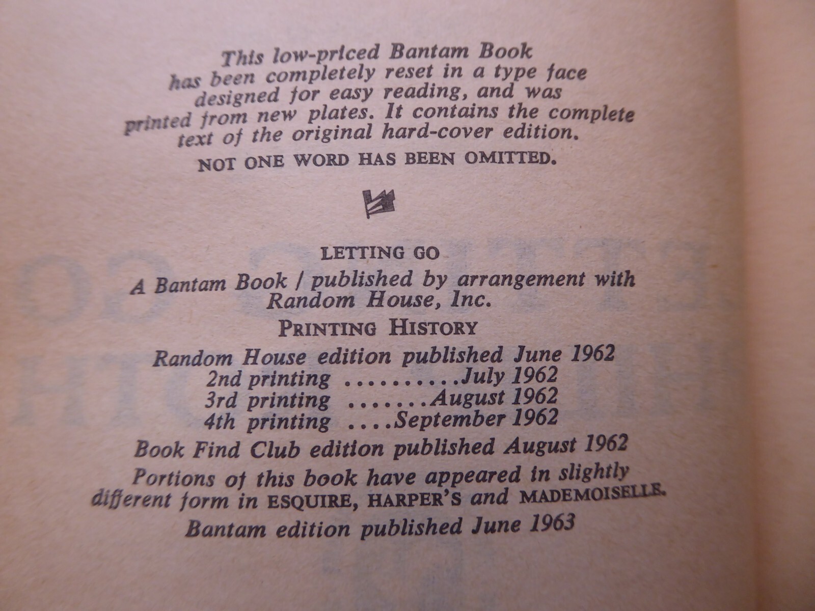 Letting Go Book 1963 Bantam Edition Phillip Roth Paperback Cover Art