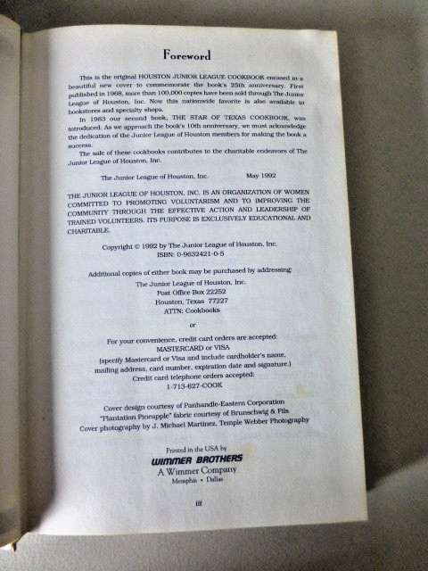 Houston Junior League Cookbook 25th Anniversary Edition 1992 Hardcover 432 Pages