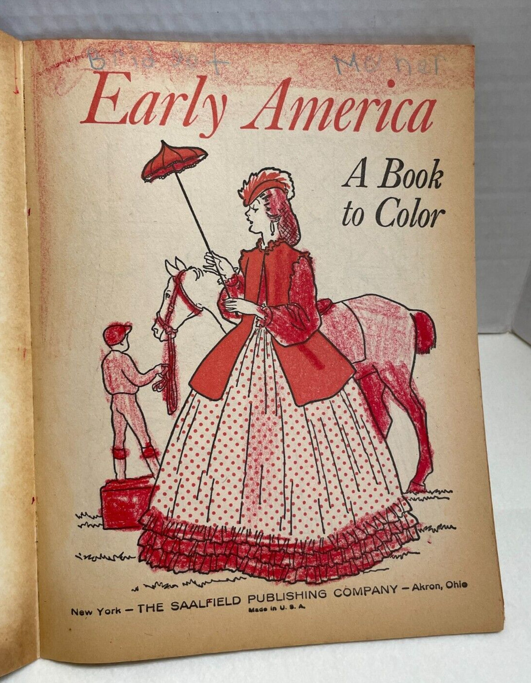 VTG Early America Coloring Book 64 pages/14 pages colored Saalfeld Artcraft