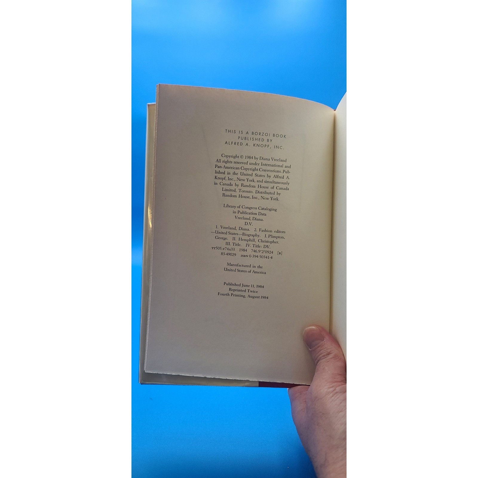DV by Diana Vreeland 1984 Hardcover Fashion Memoir Alfred A Knopf 4th Printing