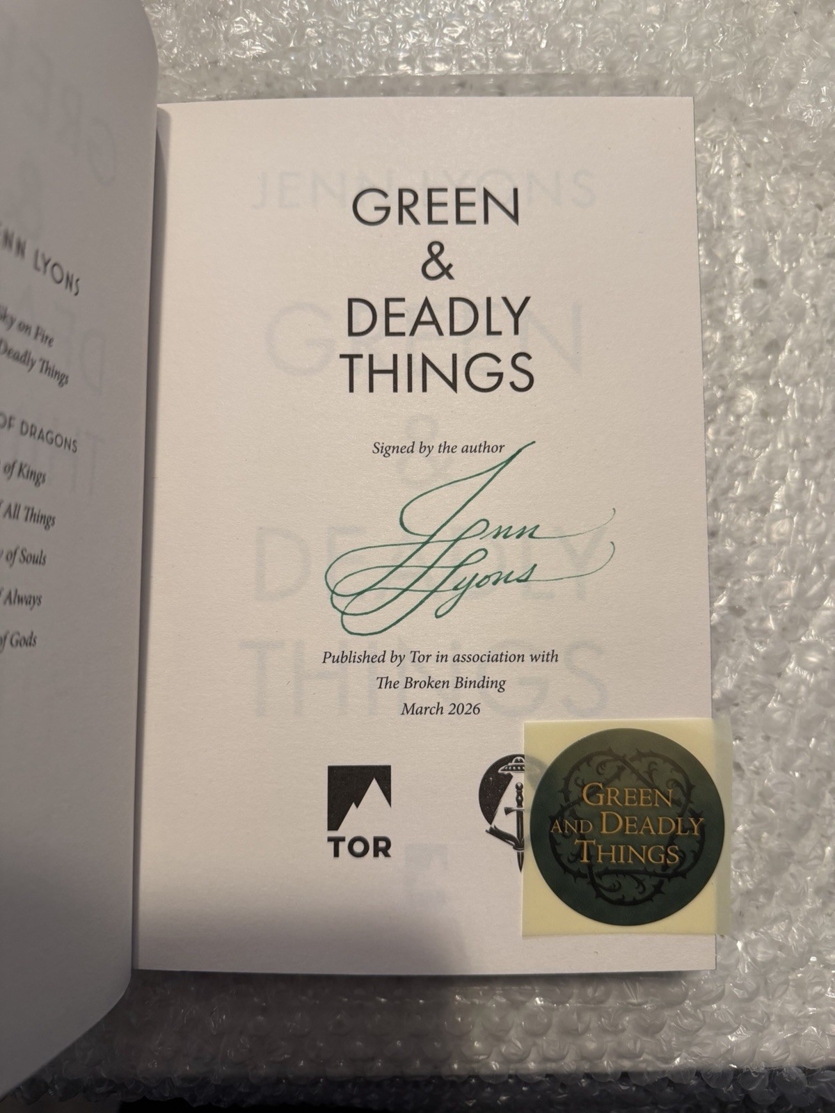 The Broken Binding – Green & Deadly Things by Jenn Lyons Signed