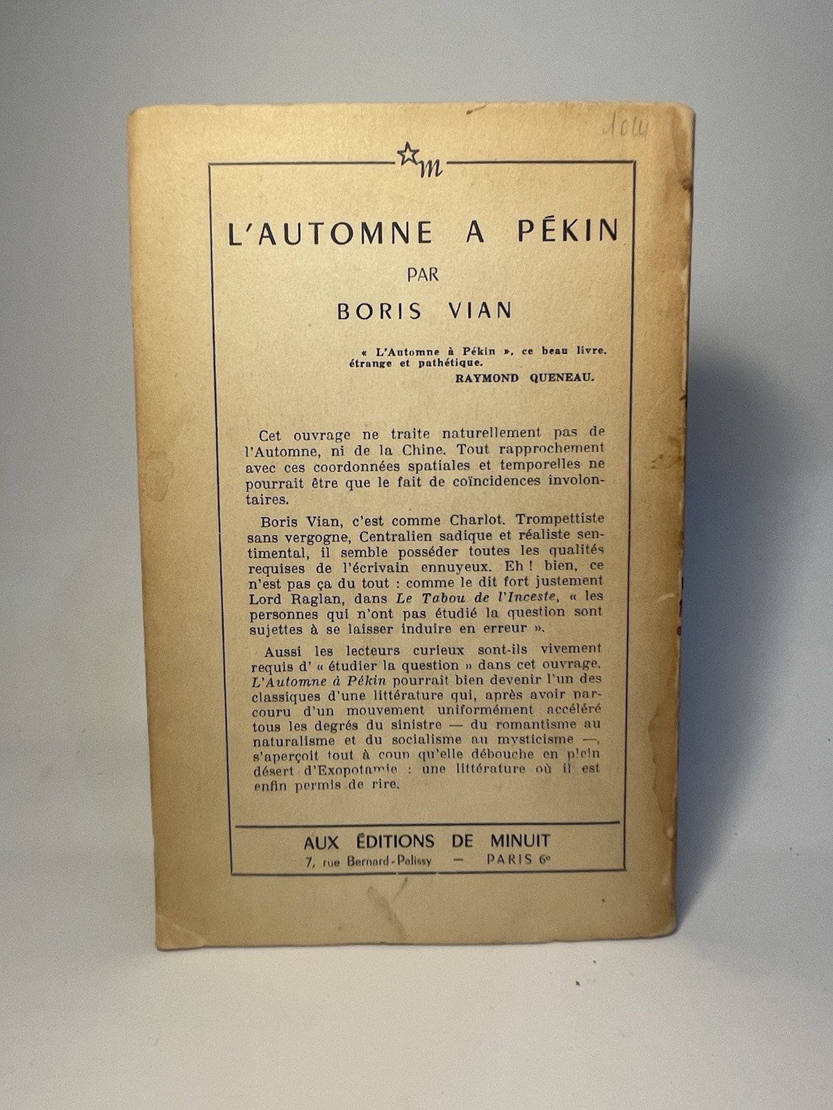 RARE 2nd ED Boris Vian L’Automne a Peking 1956 experimental novel french