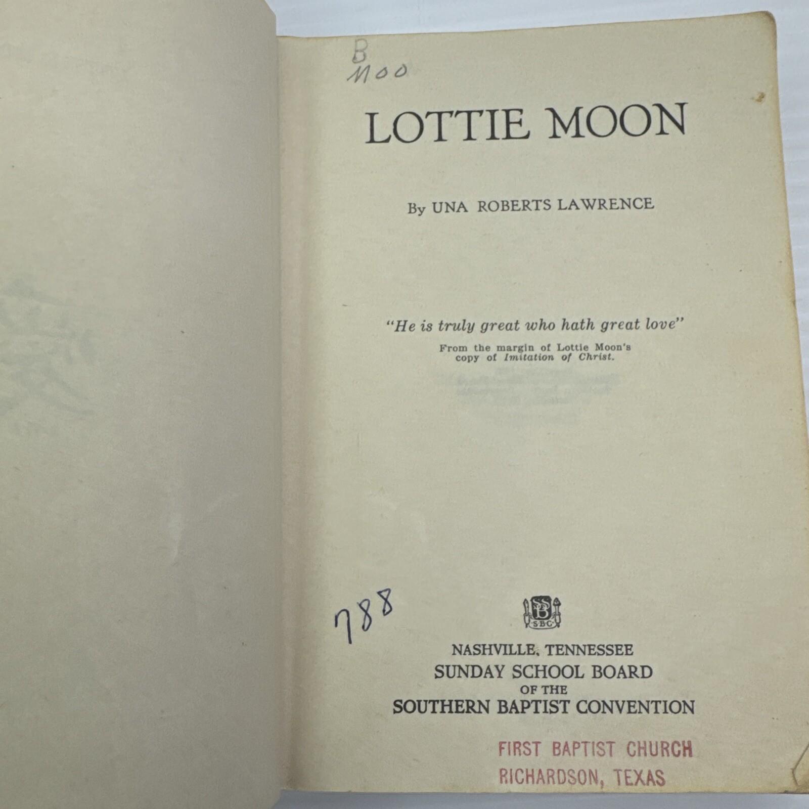 Lottie Moon Una Roberts Lawrence 1927 Nash Tennessee Baptist Sunday School Board
