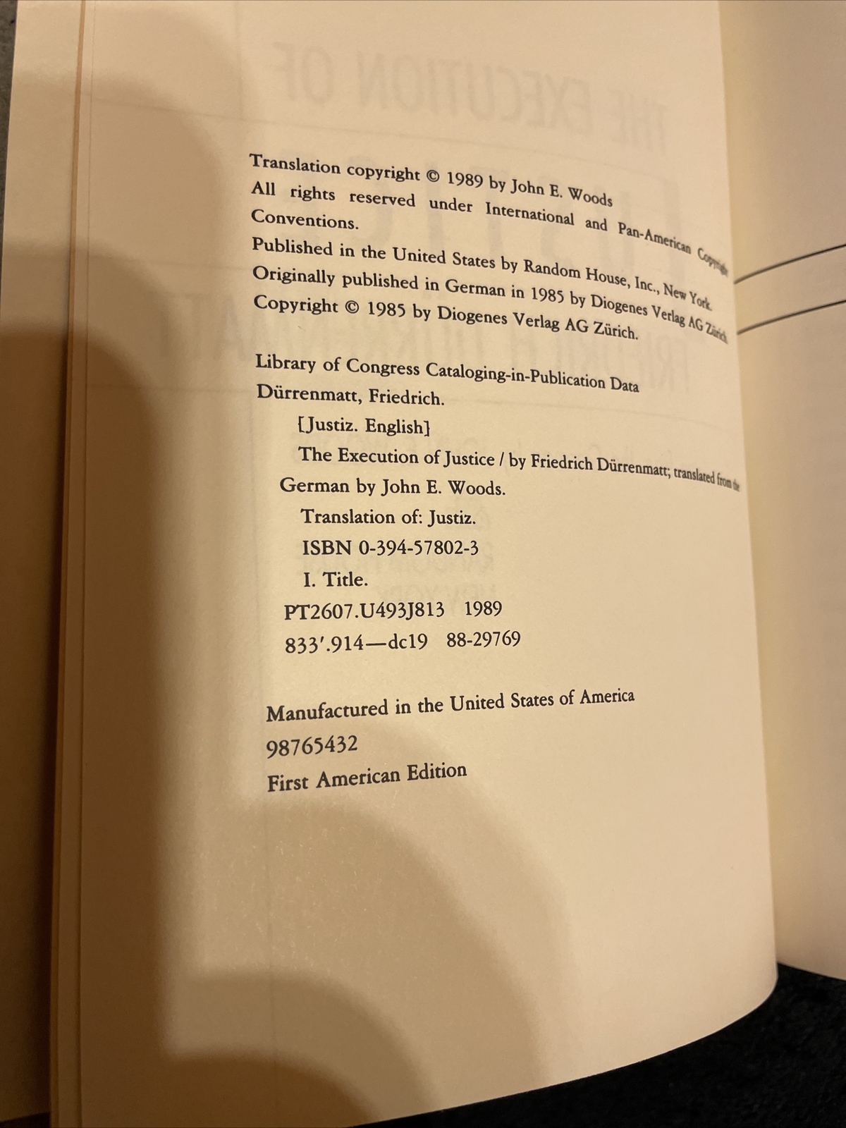 Friedrich Durrenmatt: The Execution of Justice HCDJ 1989 Random House Very Good