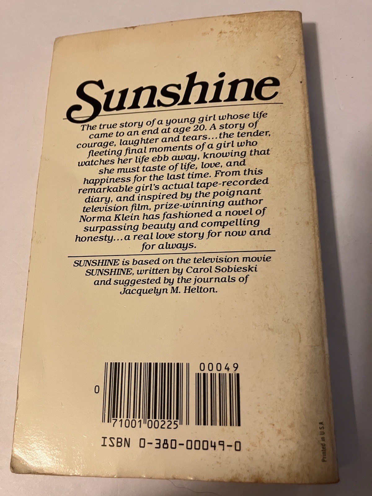 SUNSHINE NORMA KLEIN PB 1ST AVON FLARE 1982 TV MOVIE TIE-IN TRUE STORY HELTON