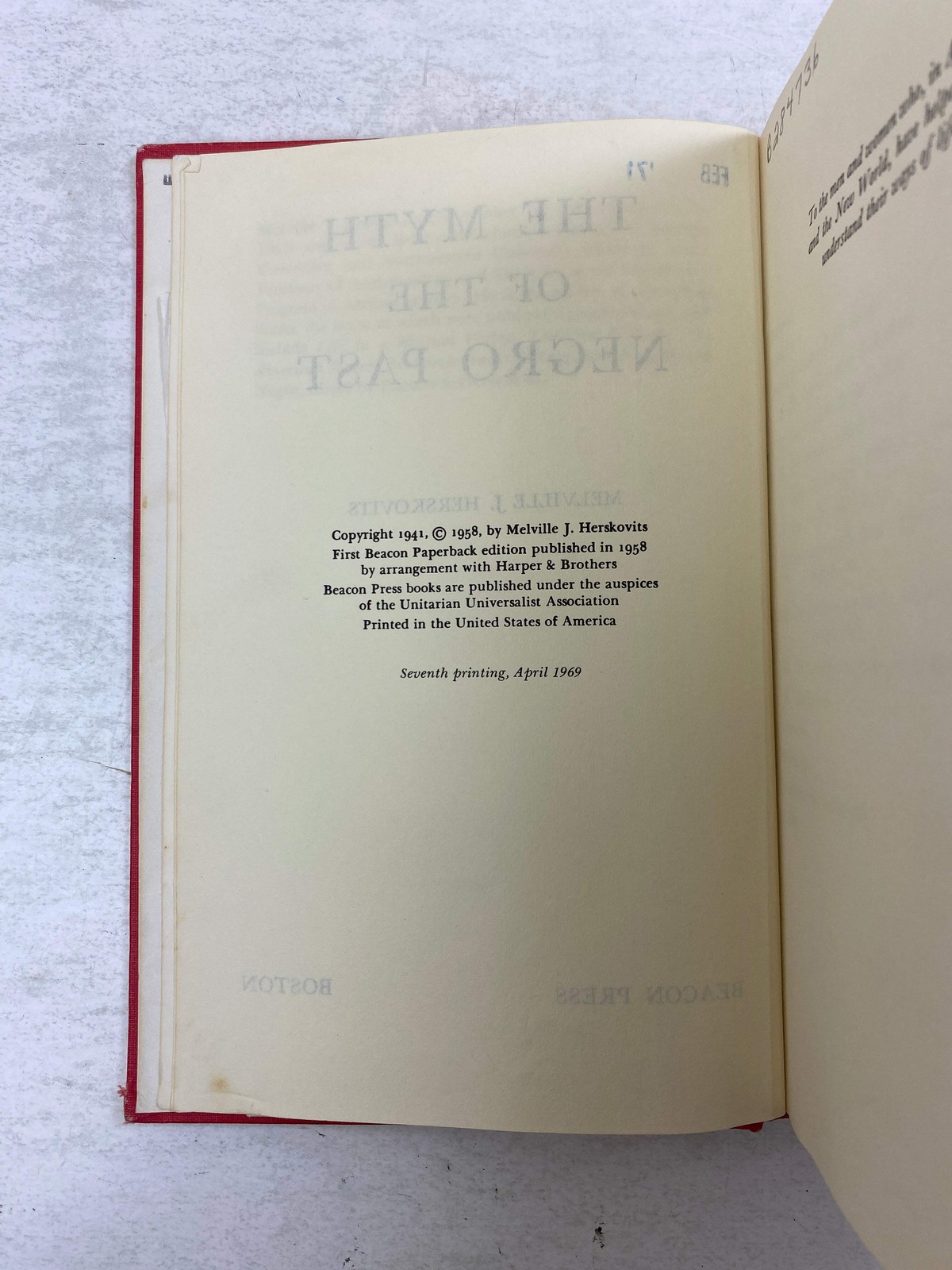 The Myth of the Negro Past Ex-library 1969 HC