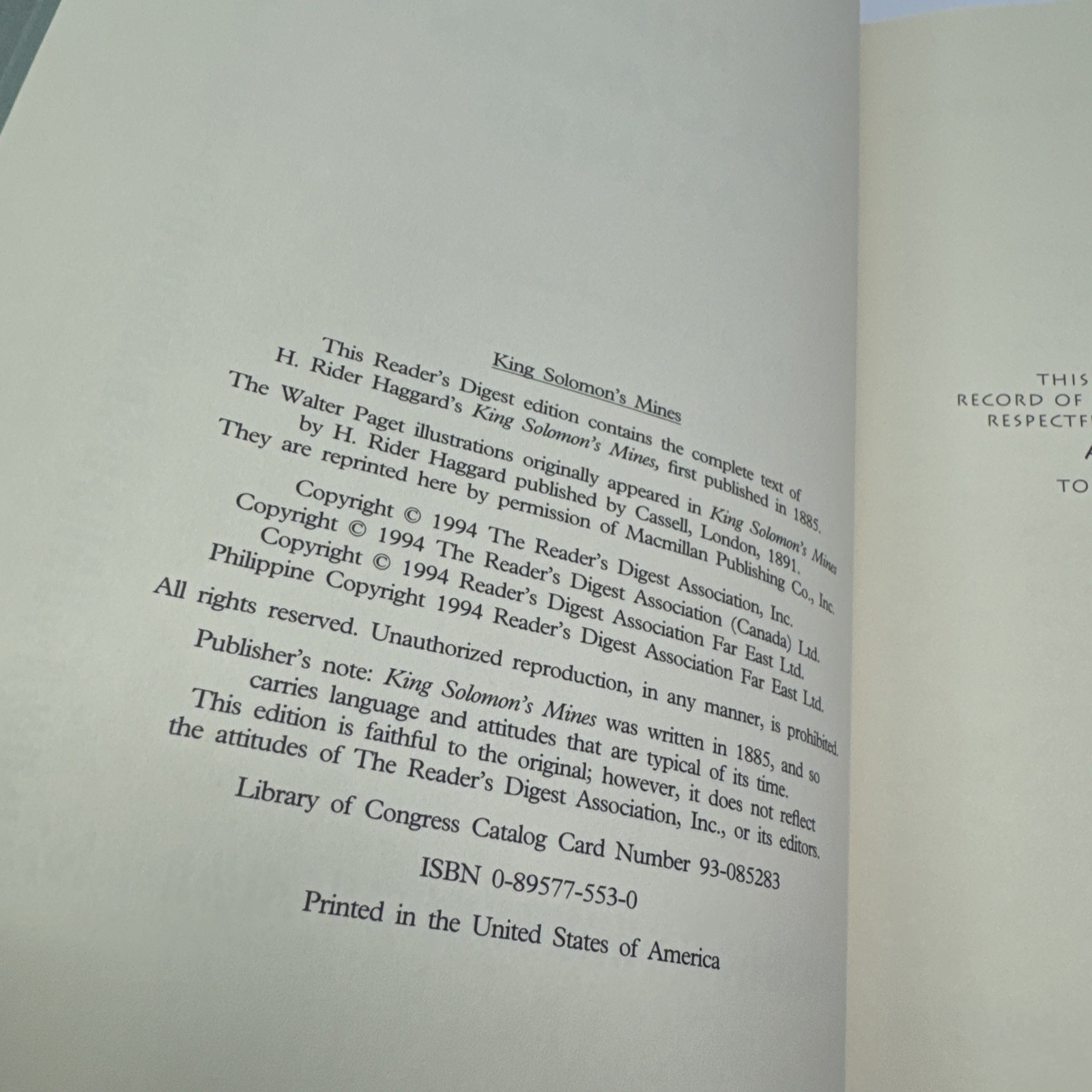 King Solomon’s Mines H. Rider Haggard HC Readers Digest Worlds Best w/ Insert