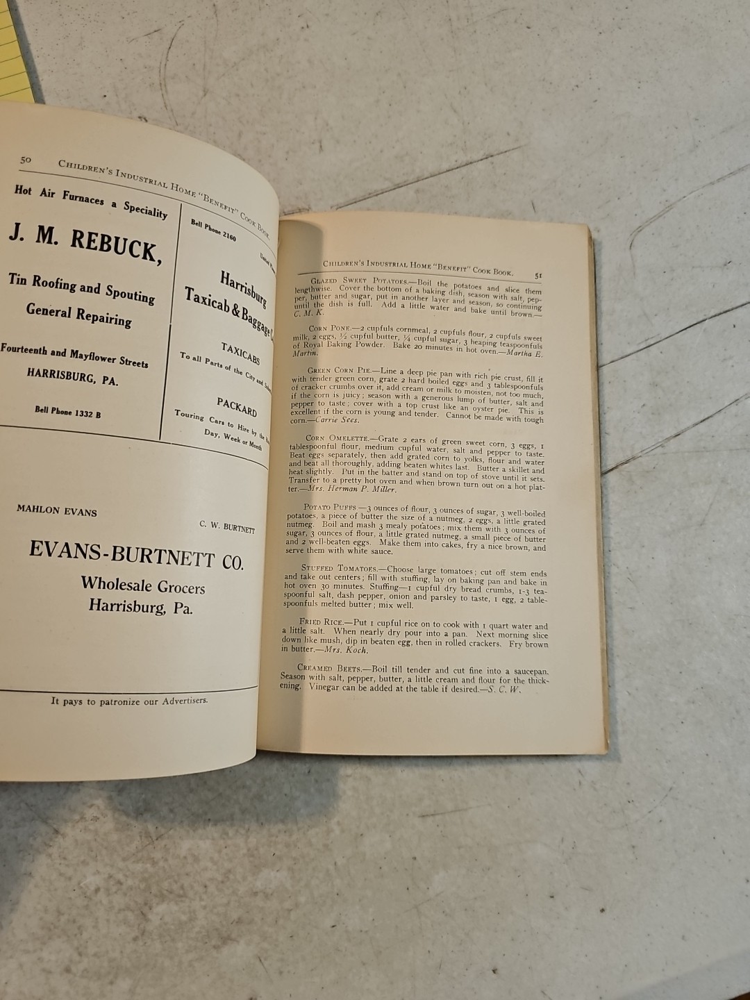 Vintage 1910’s The Children’s Industrial Home Benefit Cookbook. Harrisburg, PA