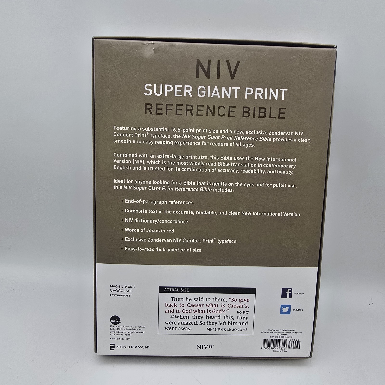 NIV Reference Bible Super Giant Print Zondervan Chocolate LeatherSoft EUC