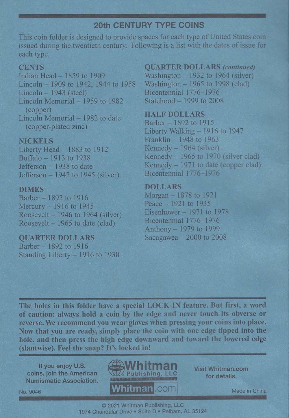 Whitman New Blue Folder 9046 For US 20th Century Type Coins New Album Free Post