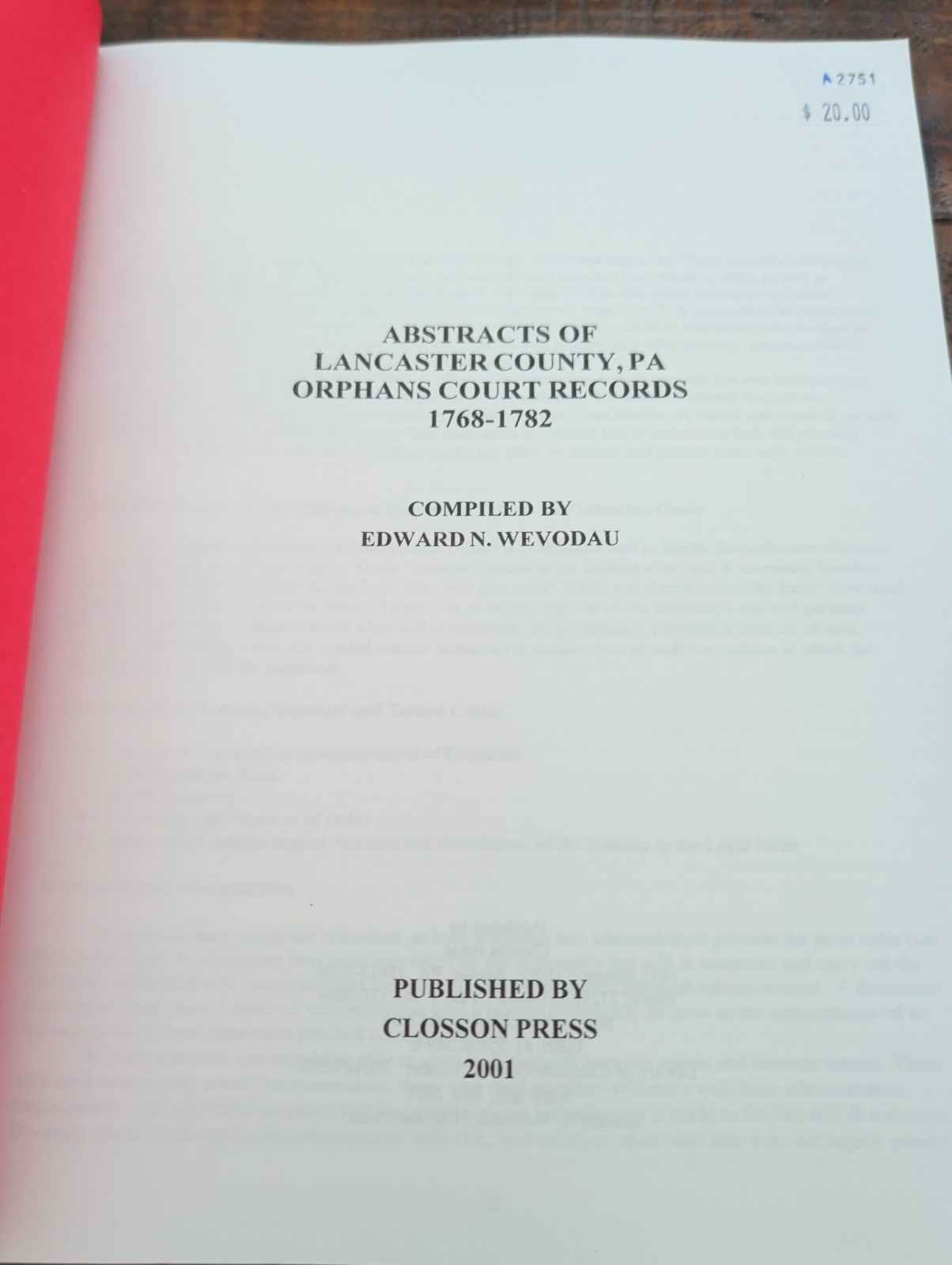 Abstracts Of Lancaster County PA Orphan Court Records 1768-1782 Edward N Wevodau