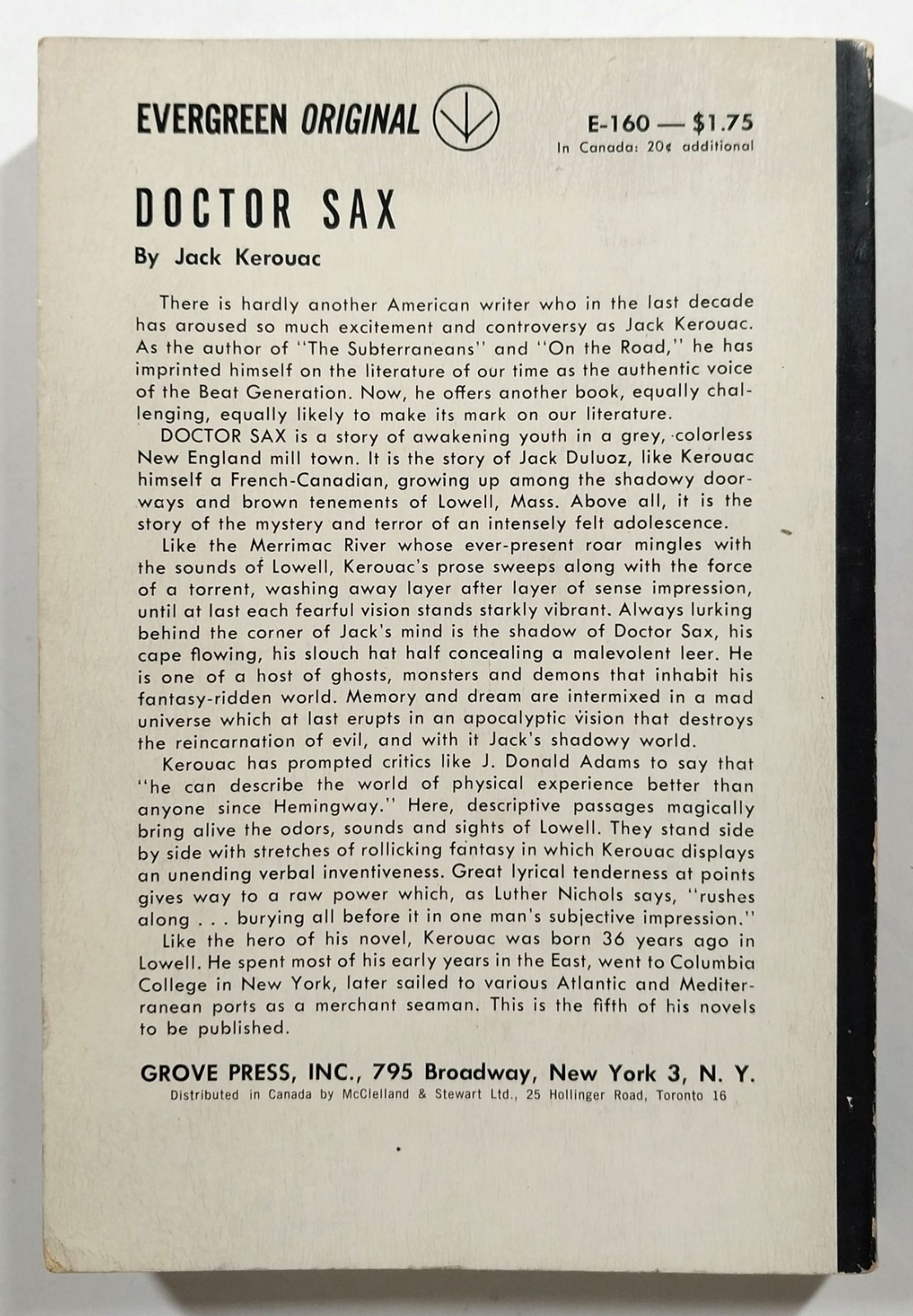 Doctor Sax by Jack Kerouac Paperback Grove Press Evergreen E-160 1959